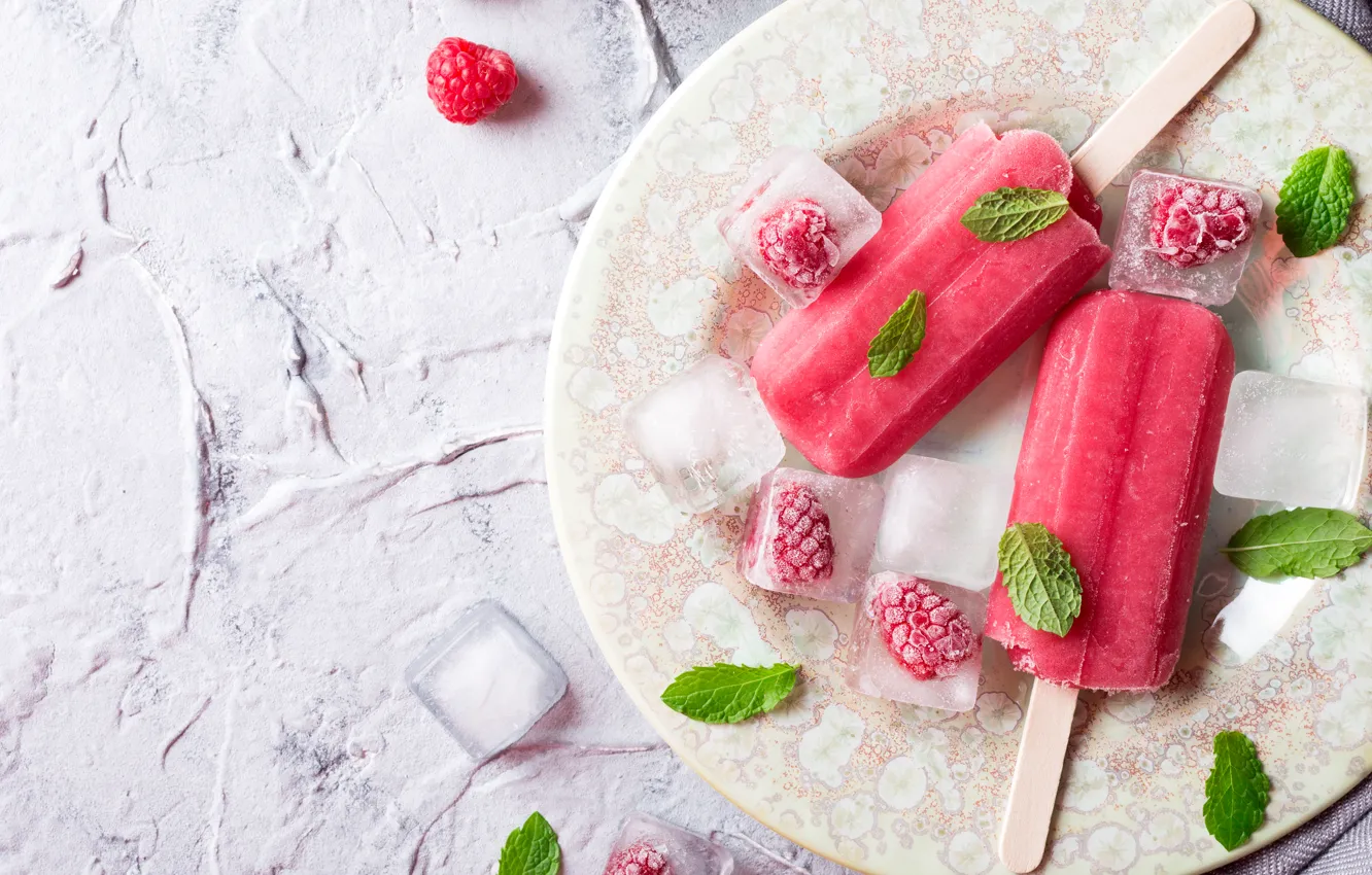 Photo wallpaper raspberry, food, ice cream, mint, dessert, delicious, fruit ice, Iryna Melnyk