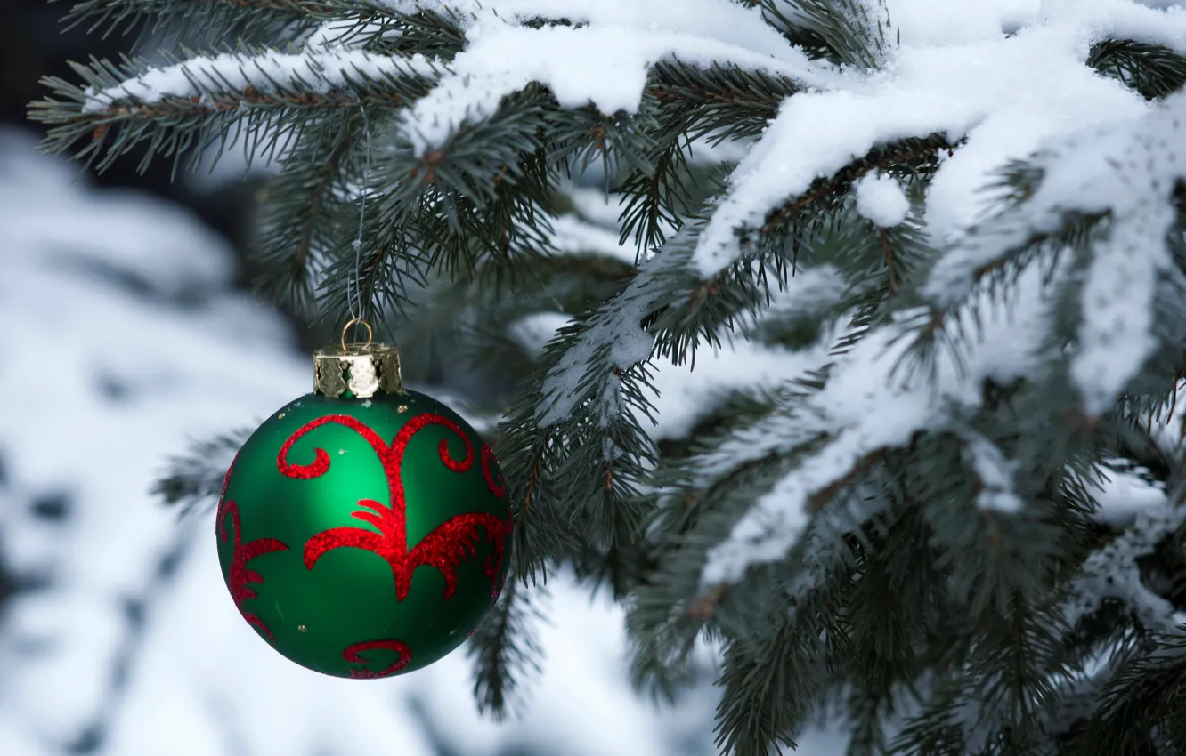 Photo wallpaper winter, snow, holiday, tree, ball, ball, Christmas