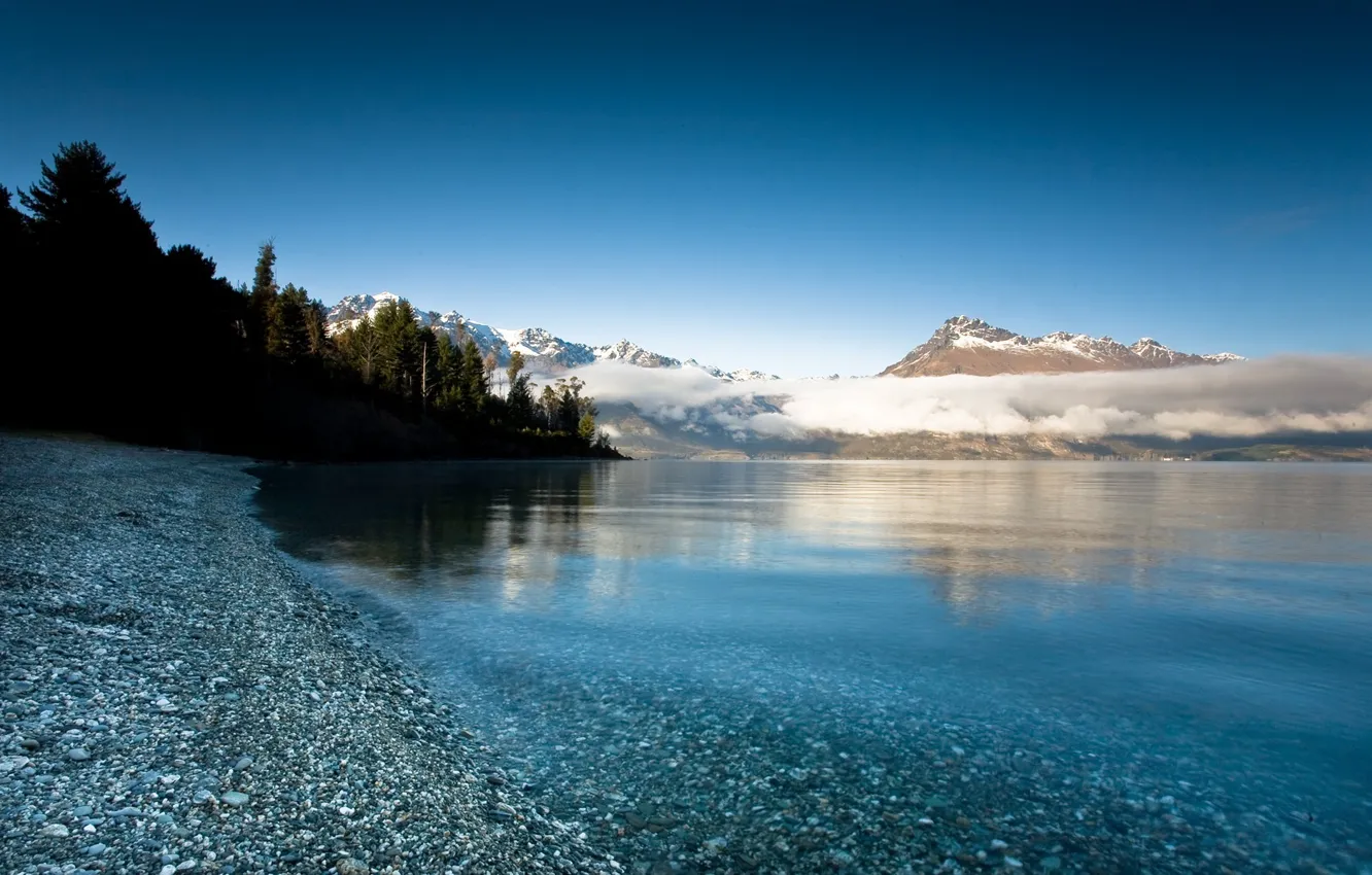 Photo wallpaper clouds, mountains, lake, stones, Devereaux