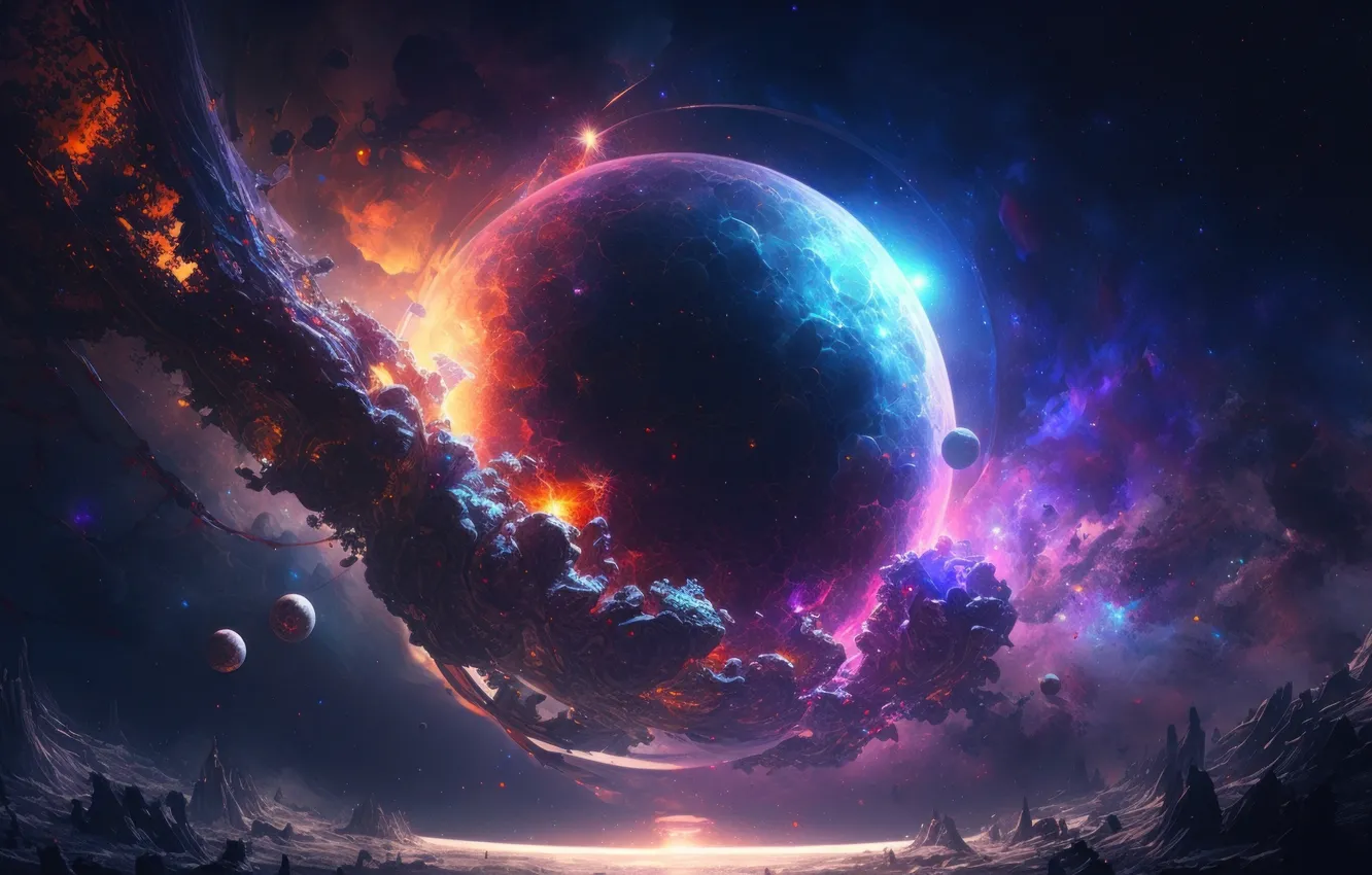 Photo wallpaper space, stars, rocks, planet, flash, disaster, asteroids, planetoid