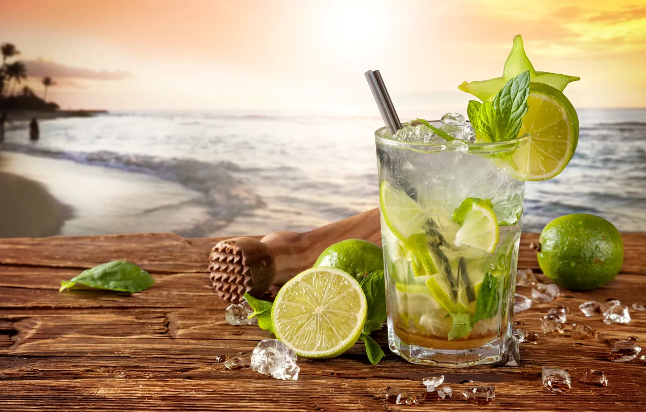 Photo wallpaper cocktail, summer, beach, fresh, sea, paradise, drink, mojito