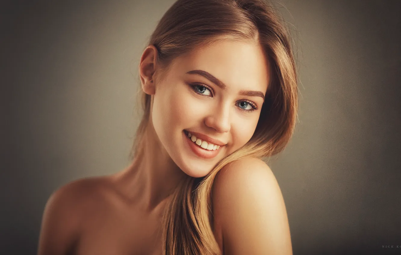 Photo wallpaper look, girl, face, smile, background, sweetheart, portrait, shoulders