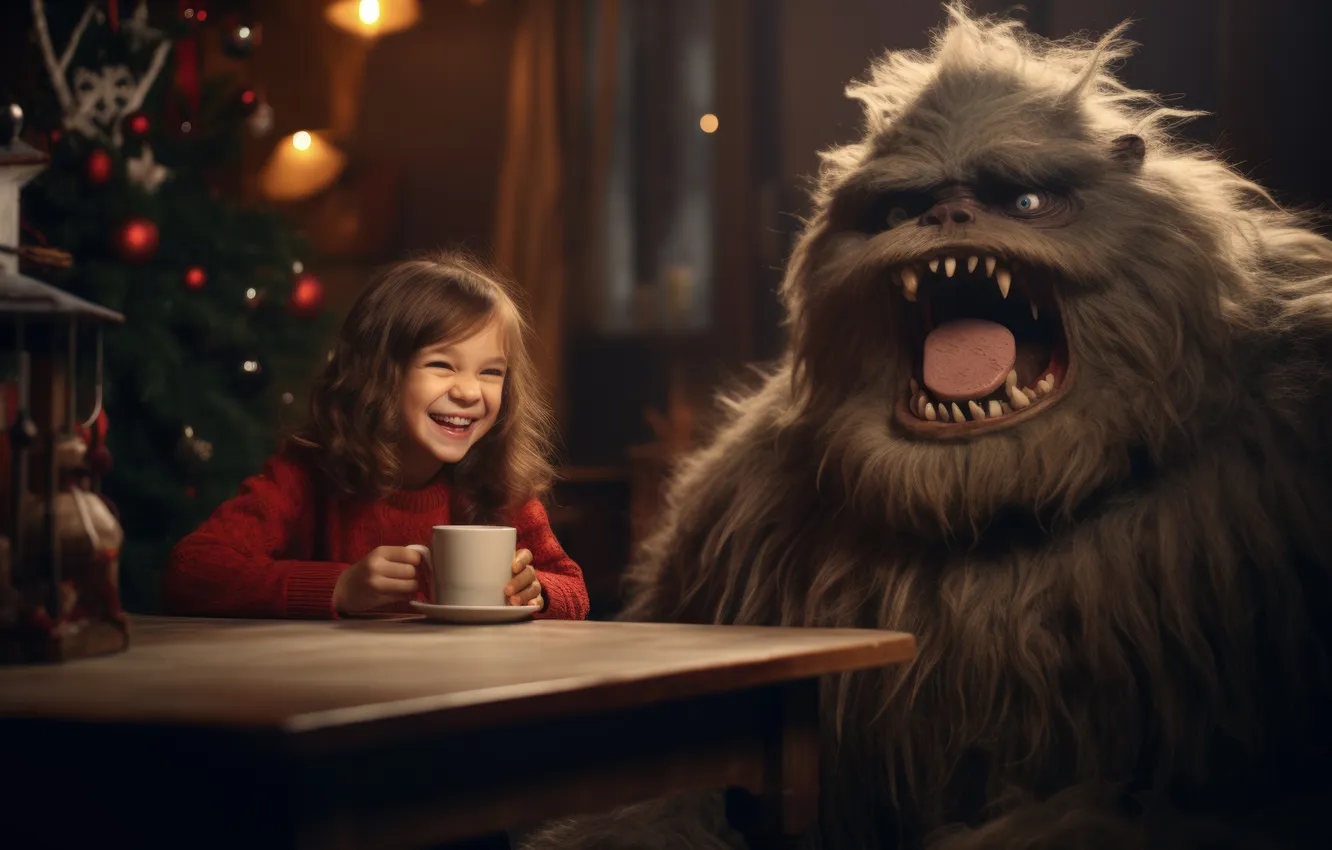 Photo wallpaper joy, smile, table, toy, tree, new year, monster, Christmas