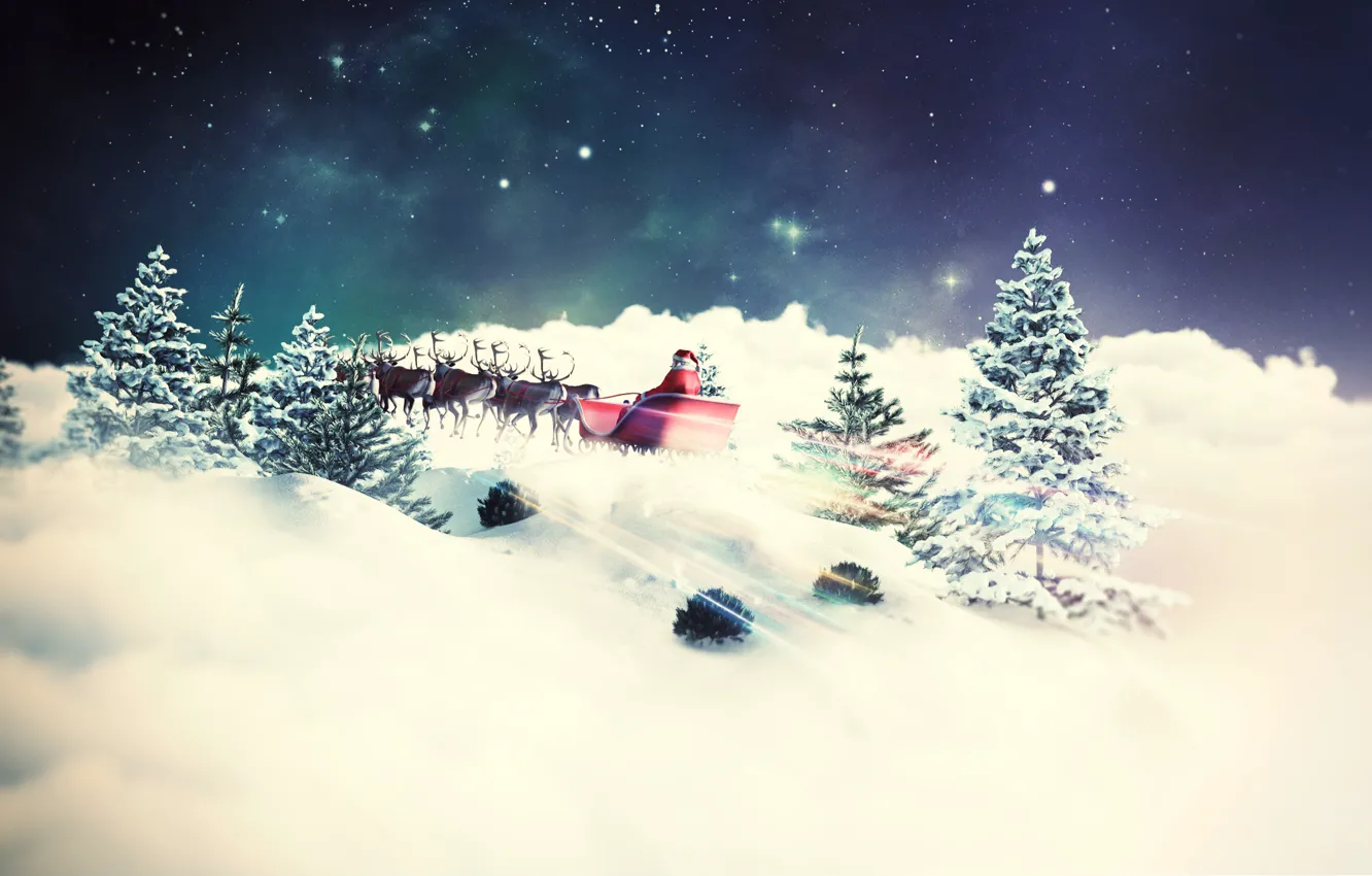 Photo wallpaper winter, tree, new year, sleigh, deer, Santa