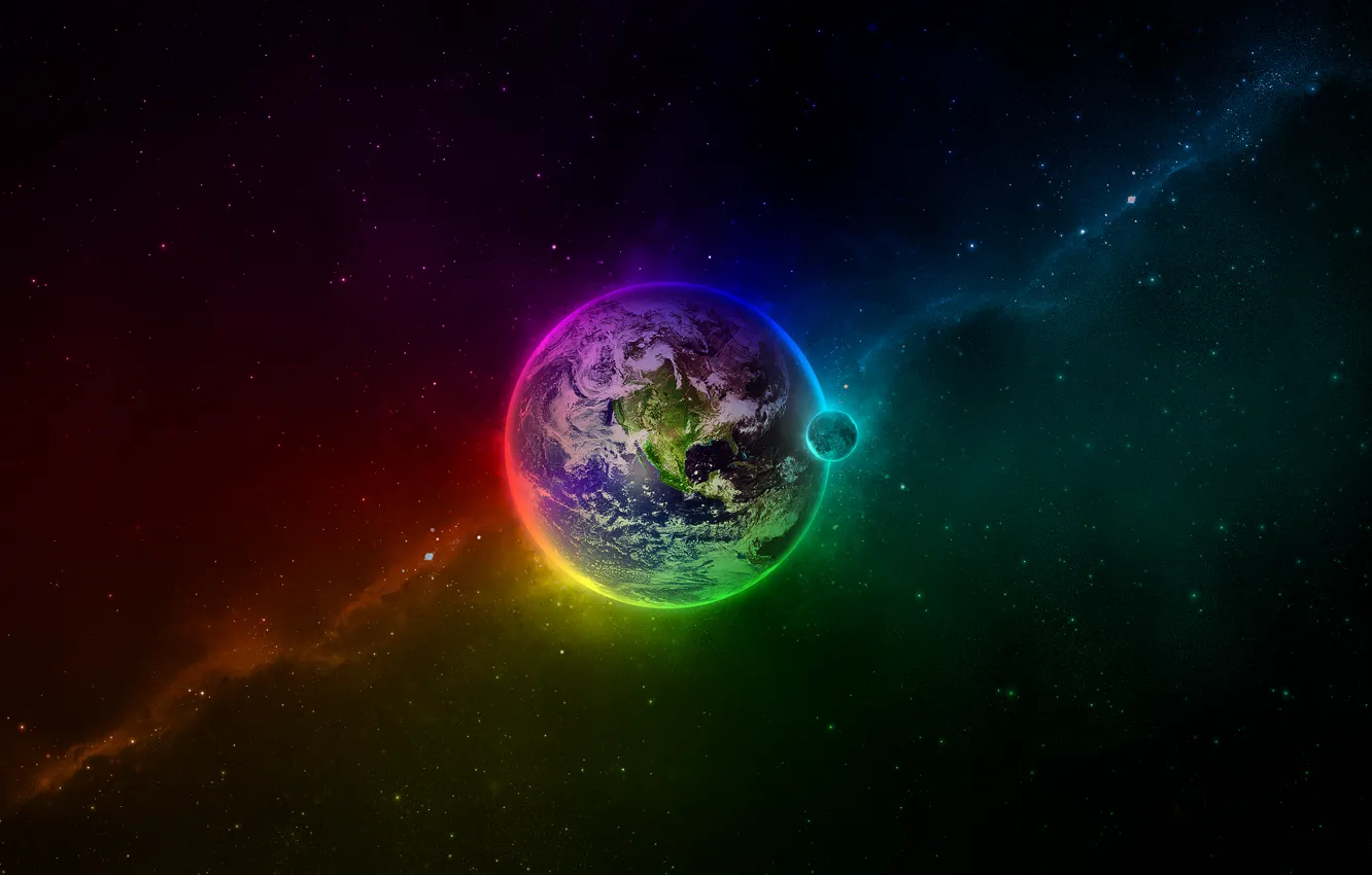 Photo wallpaper color, space, earth, the moon, planet, stars, abyss