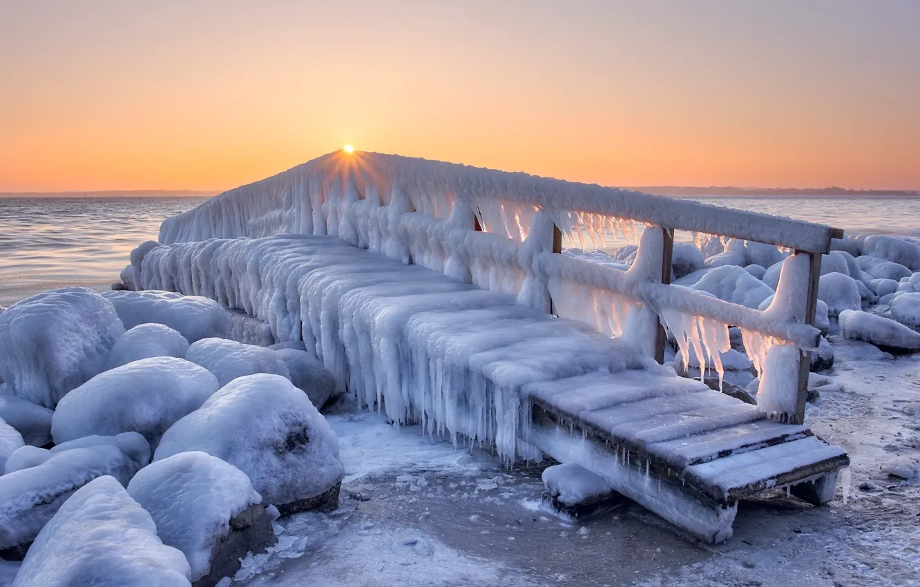 Photo wallpaper landscape, sunset, bridge, nature, ice, beauty, icing