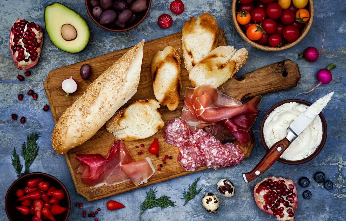 Photo wallpaper berries, cheese, bread, vegetables, baguette, cherry, sandwiches, ham