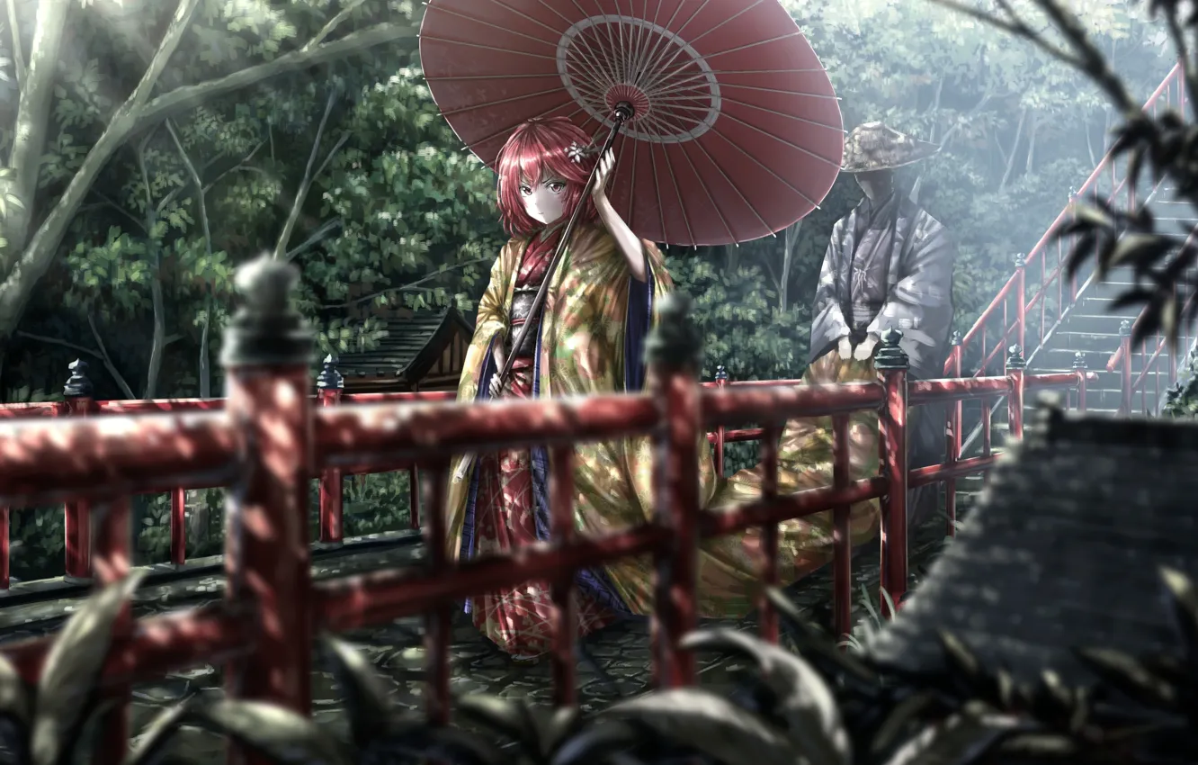 Photo wallpaper girl, trees, umbrella, male, traditional clothing, Tomoe Murakami, The Idolmaster: Cinderella Girls