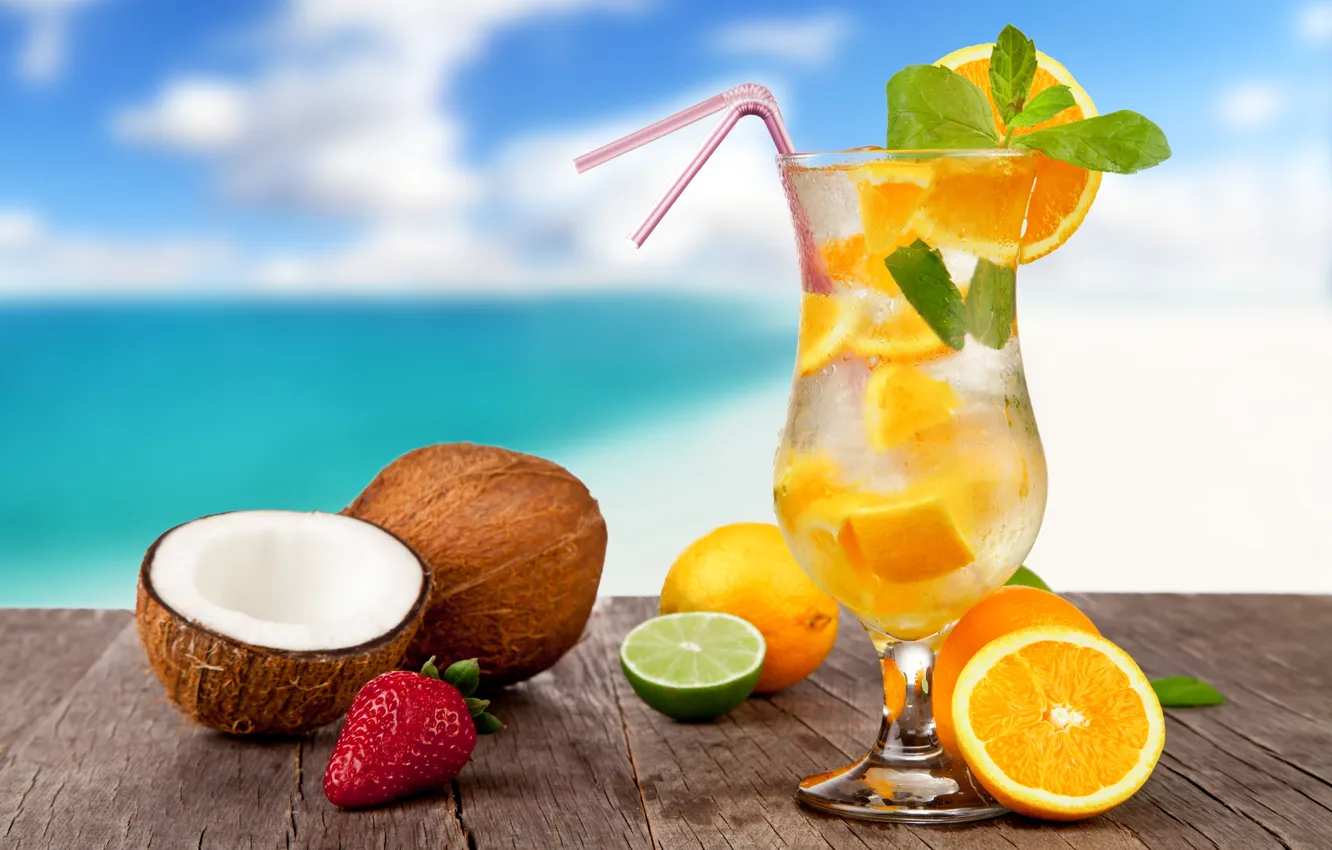 Photo wallpaper sea, beach, cocktail, summer, fruit, beach, fresh, sea