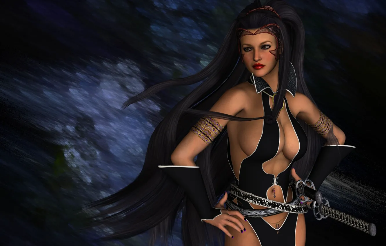 Photo wallpaper warrior, big Breasts, in black, samurai sword, beautiful woman, long black hair, warrior princess, brave