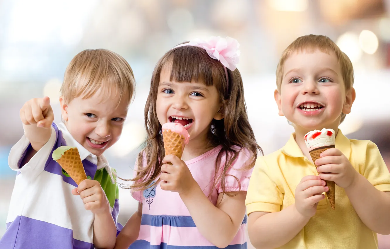 Photo wallpaper joy, smile, boy, ice cream, girl, happy, Threesome