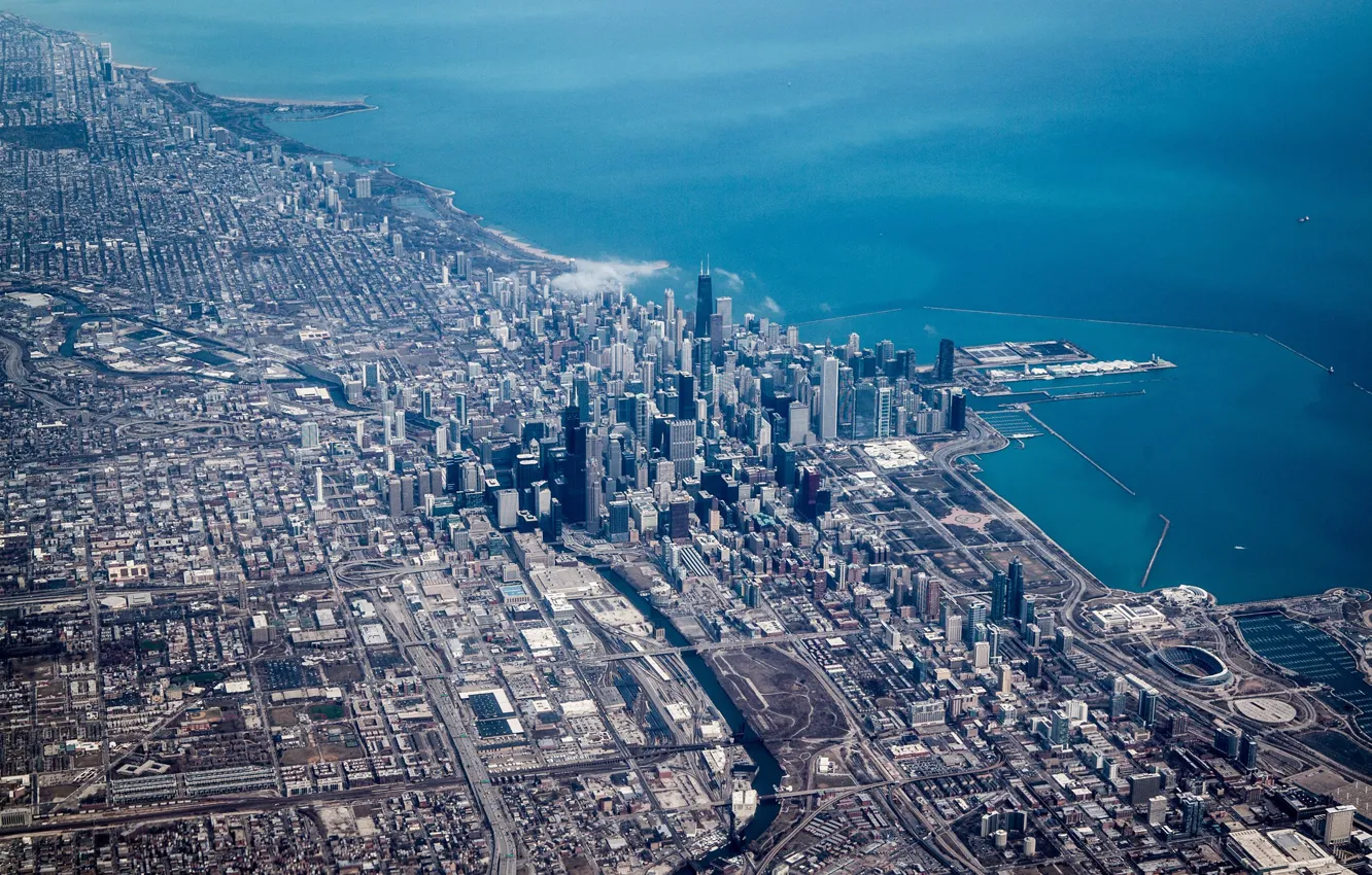 Photo wallpaper the city, lake, Chicago, panorama, Aerial view of Chicago