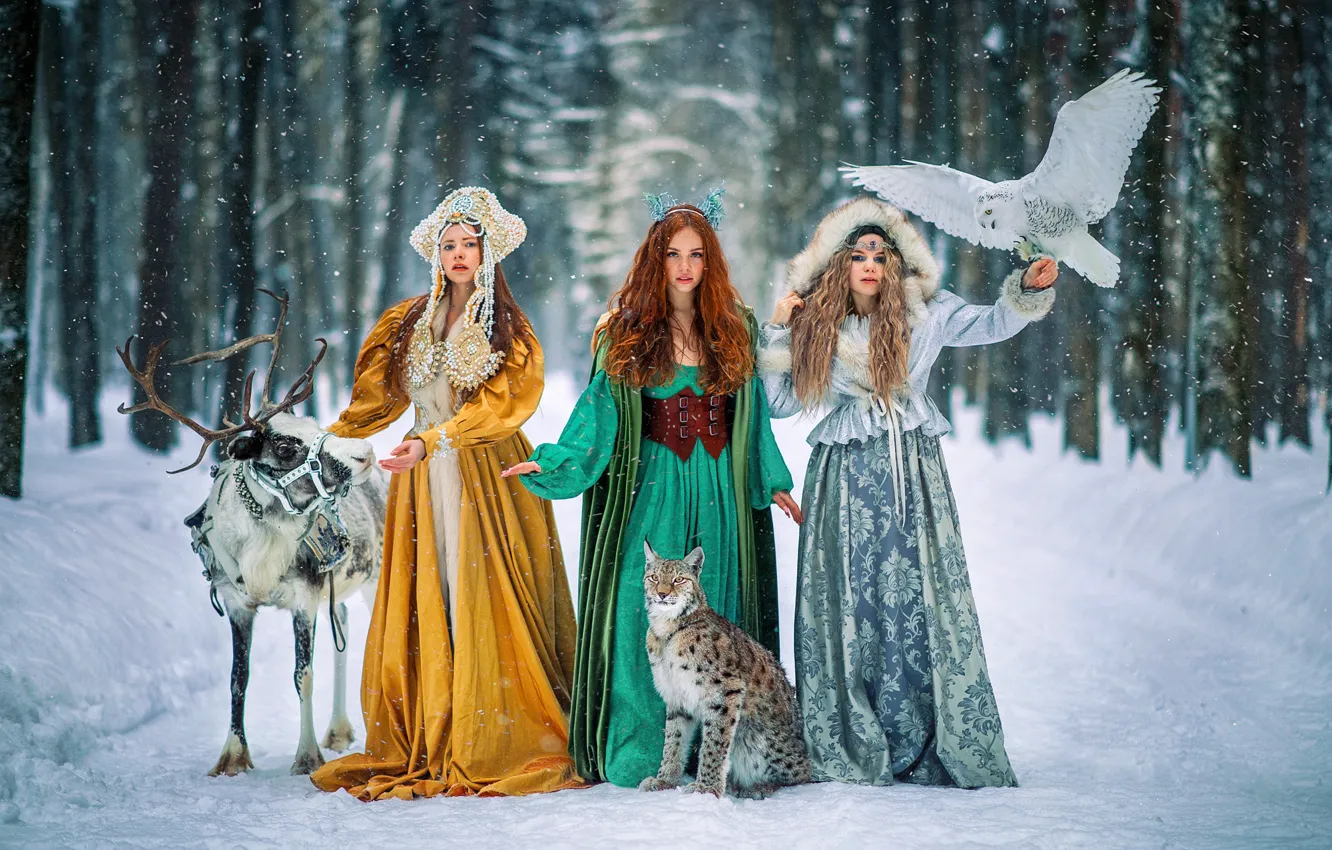 Photo wallpaper winter, snow, girls, owl, deer, lynx, trio, outfits