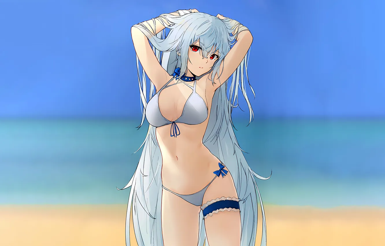 Photo wallpaper girl, sexy, cleavage, long hair, boobs, anime, beautiful, red eyes