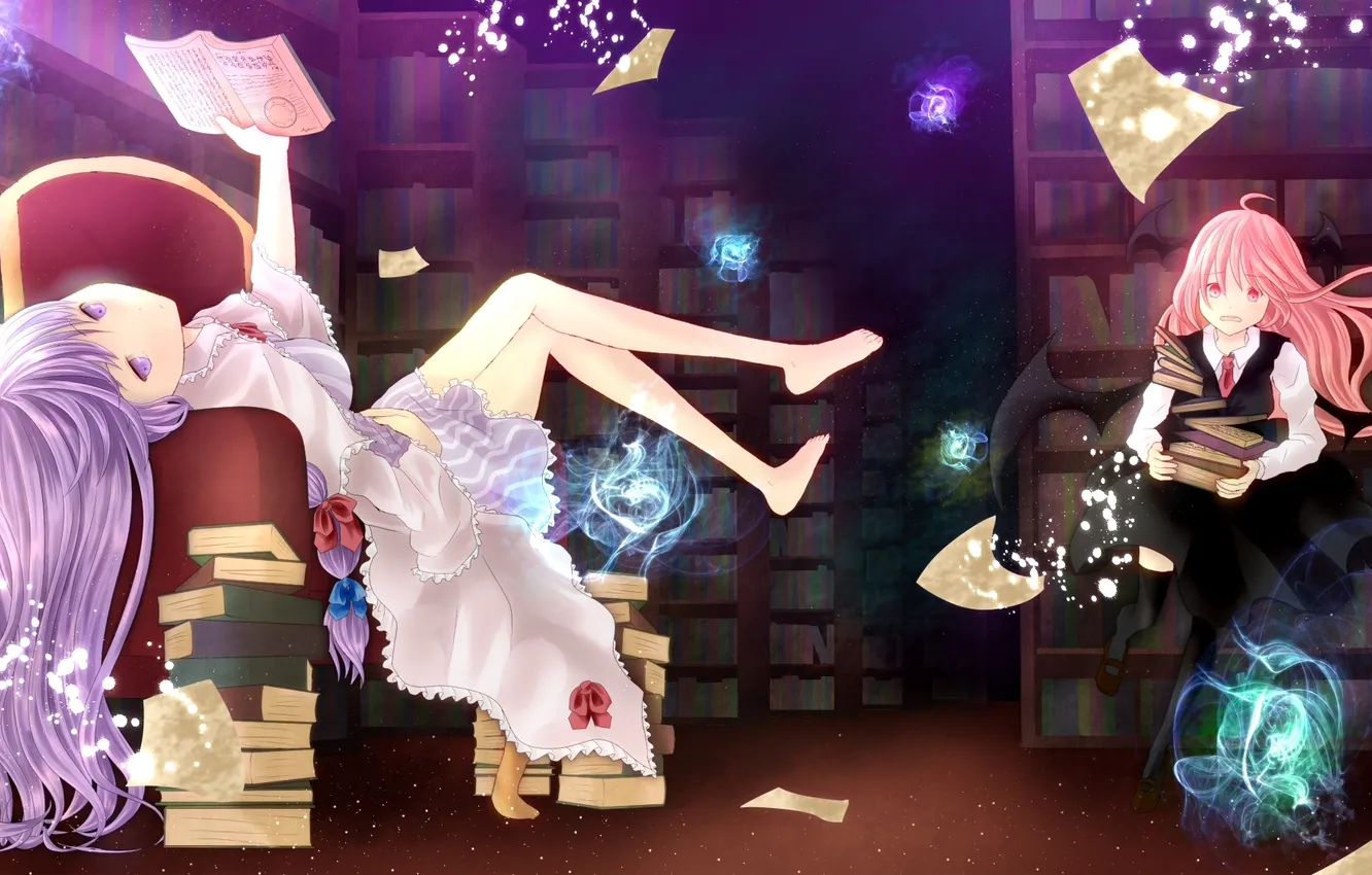 Photo wallpaper magic, wings, chair, art, girl, book, library, touhou