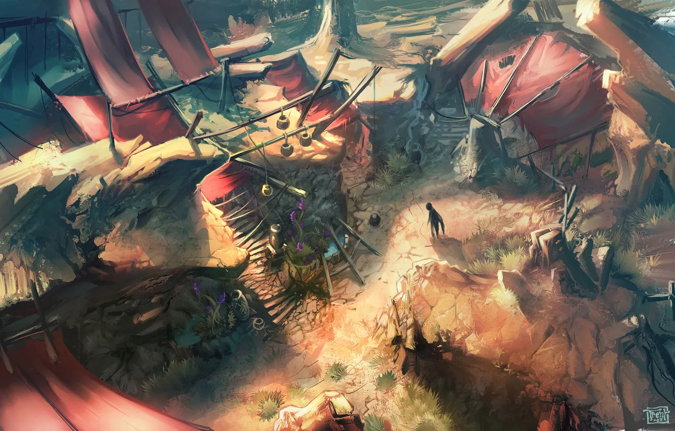 Photo wallpaper stones, shadow, bucket, village. tents