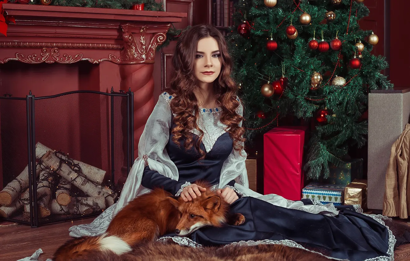 Photo wallpaper girl, tree, dress, Fox, beautiful, Kate Grapes