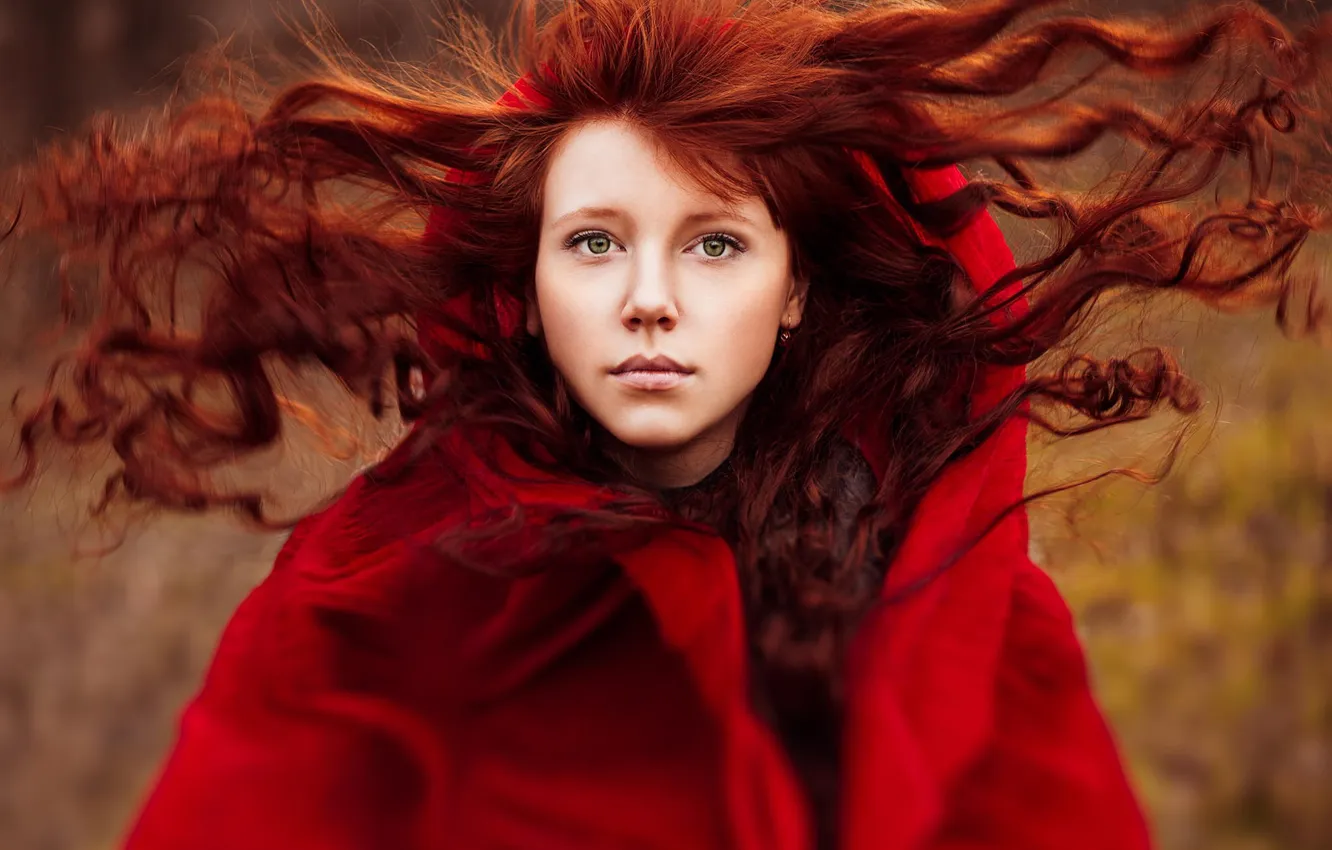 Photo wallpaper portrait, in red, redhead, Red Riding Hood
