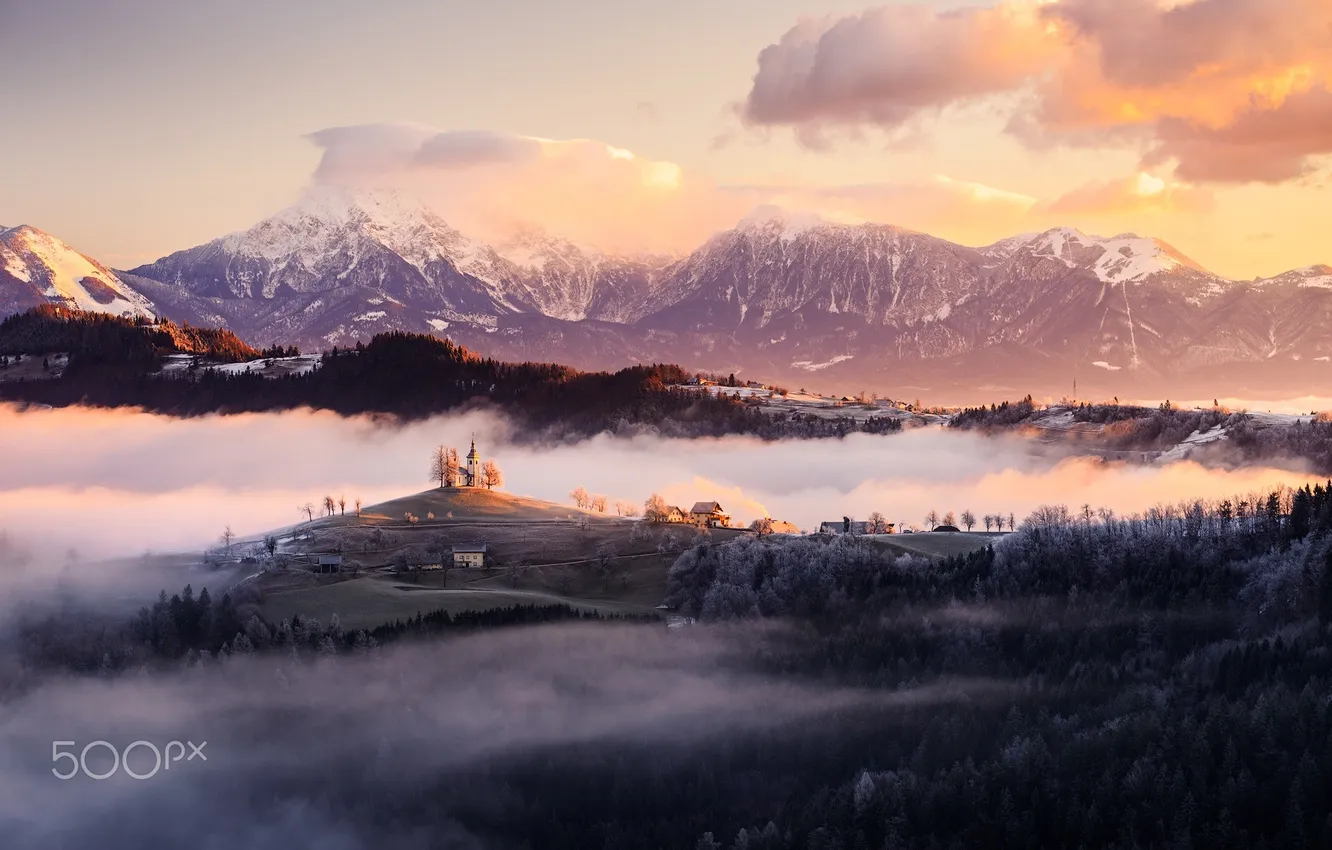 Photo wallpaper winter, mountains, morning, Slovenia