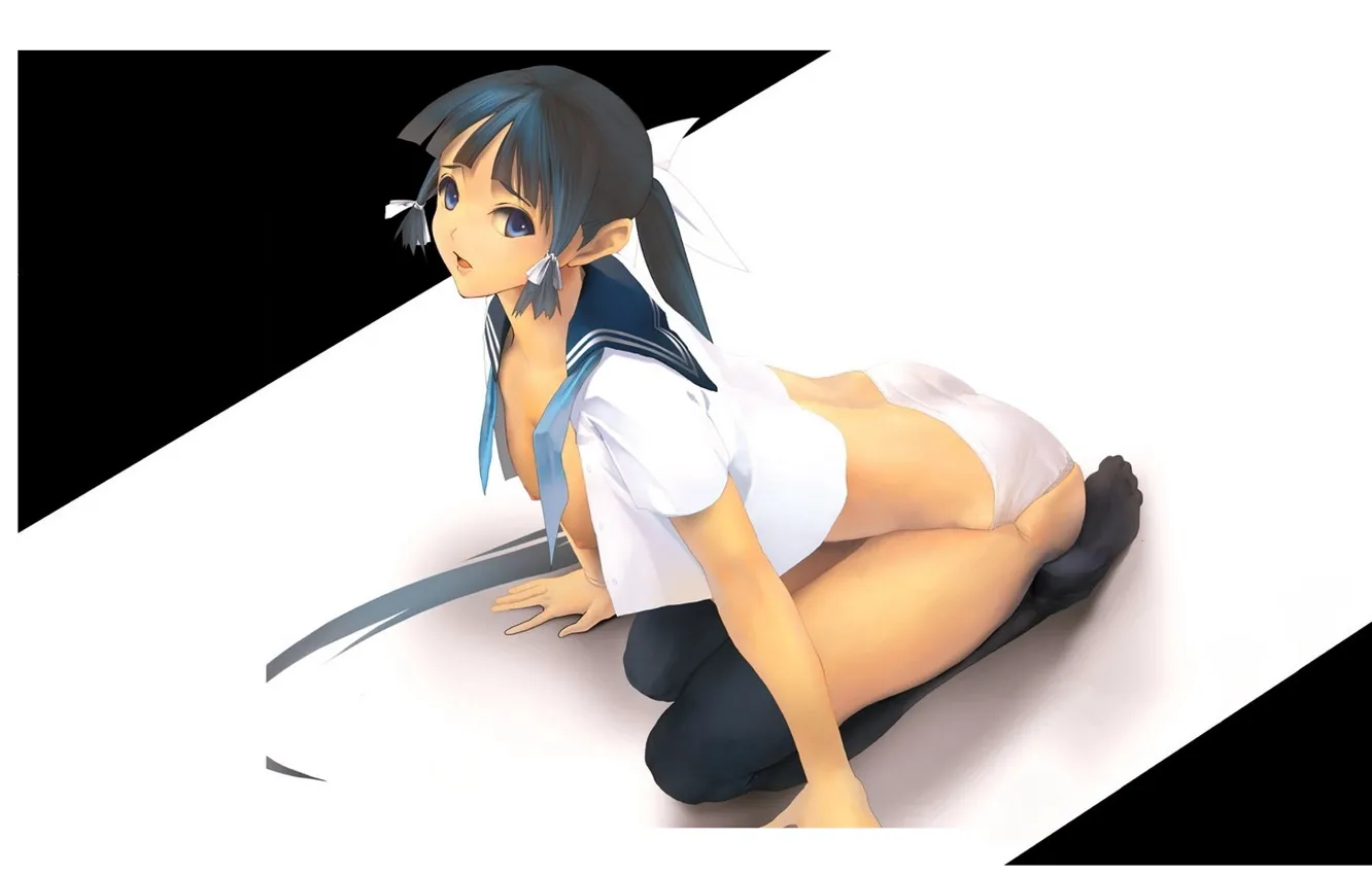 Photo wallpaper schoolgirl, long hair, black stockings, sailor, white blouse, sitting on my lap