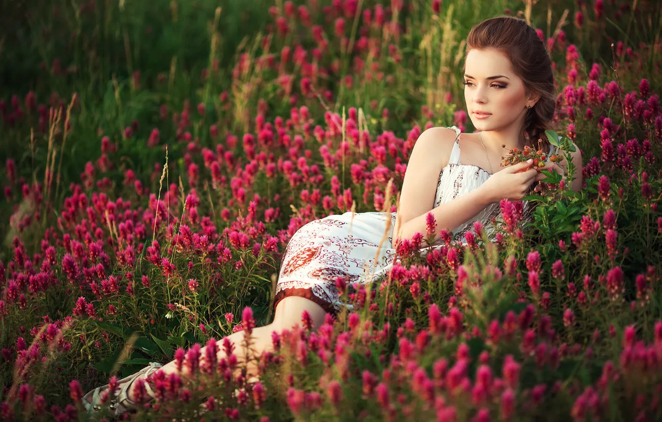 Photo wallpaper field, summer, grass, girl, flowers, nature, meadow