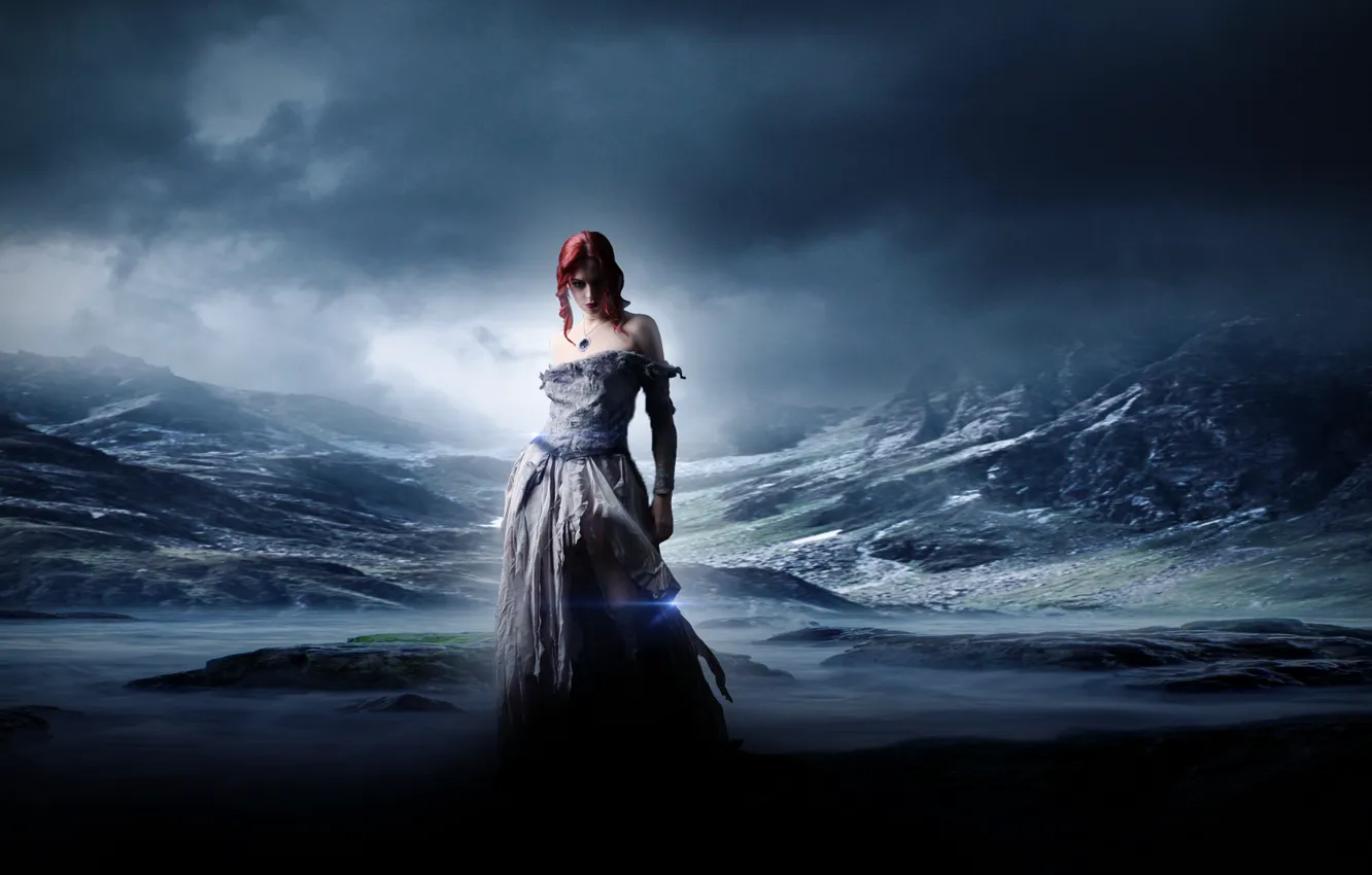 Photo wallpaper girl, mountains, blue