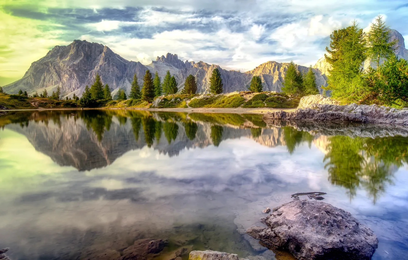 Photo wallpaper forest, clouds, light, trees, mountains, reflection, stones, rocks