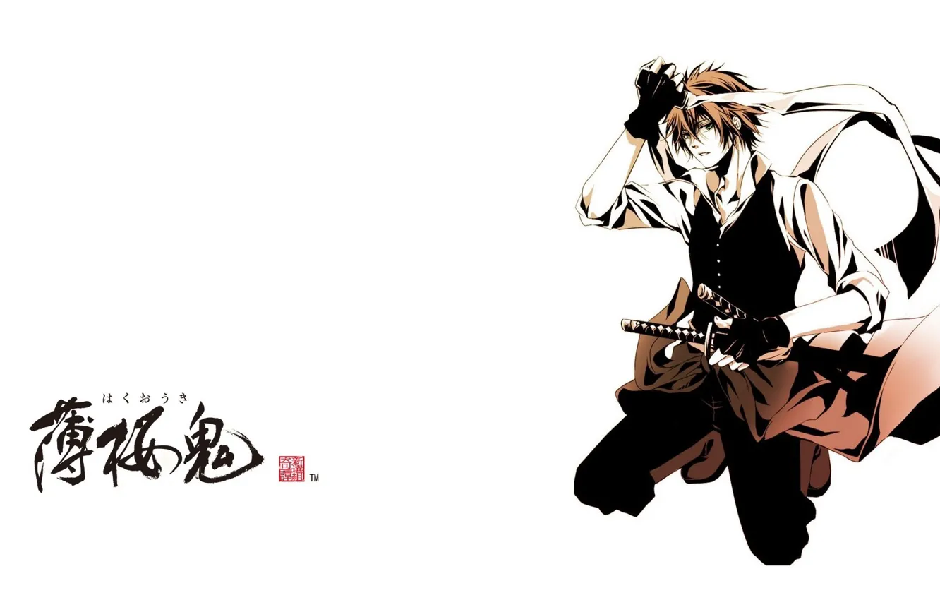 Photo wallpaper katana, characters, white background, gloves, headband, guy, vest, Demons pale cherry