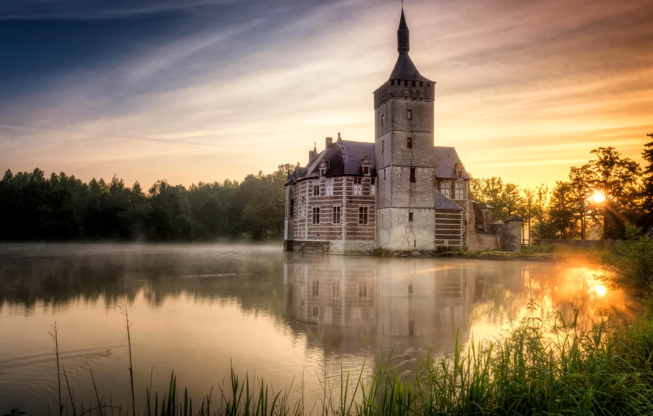 Photo wallpaper the sky, lake, castle, Belgium, horst castle