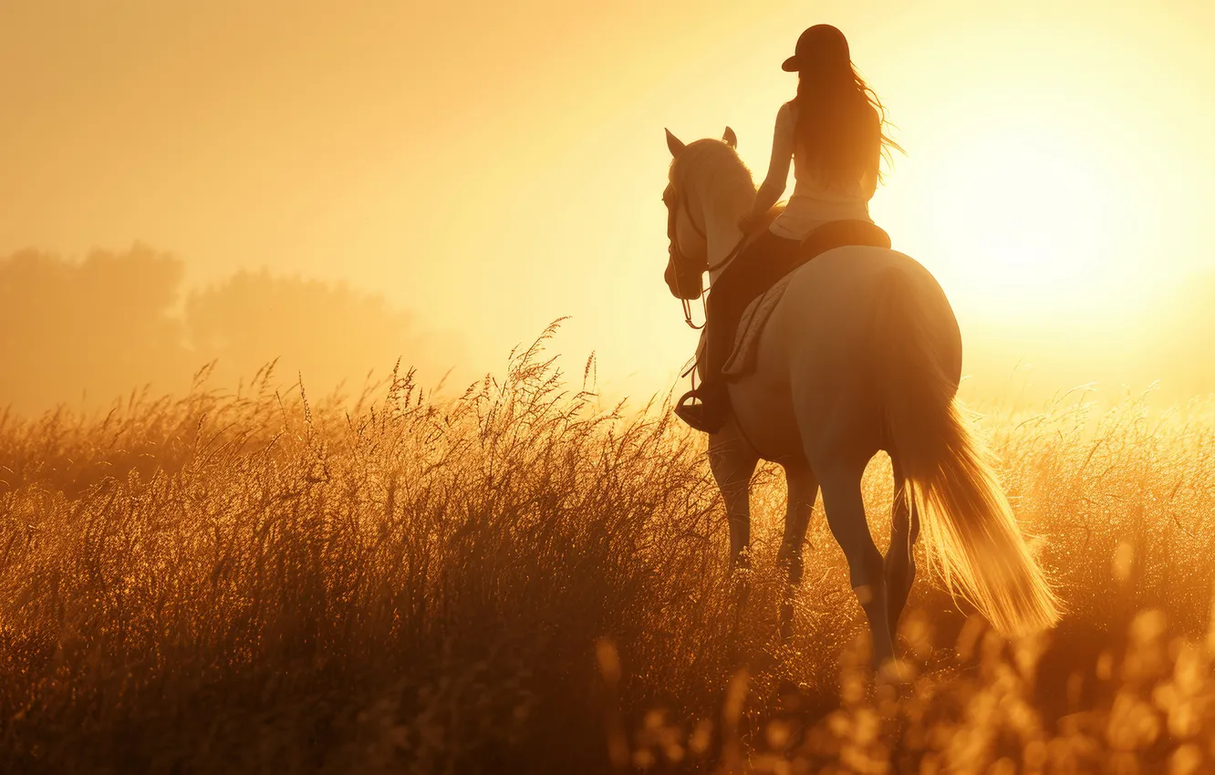 Photo wallpaper field, girl, the sun, horse, dawn, horse, morning, spikelets