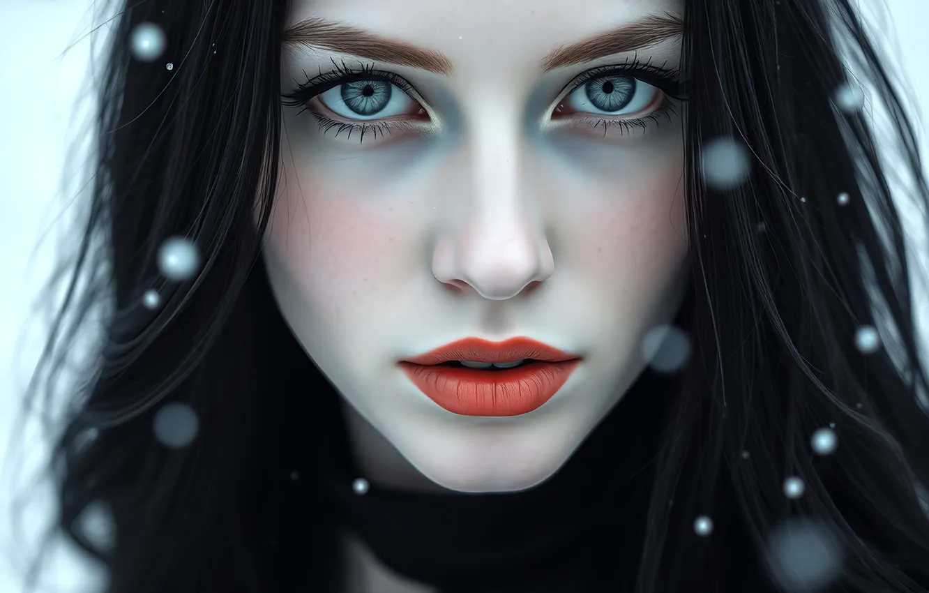 Photo wallpaper winter, look, girl, snow, face, portrait, makeup, brunette