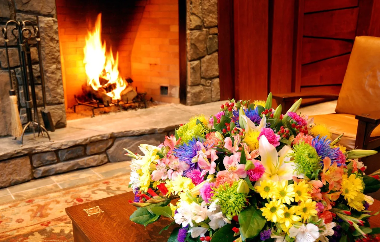 Photo wallpaper macro, flowers, design, interior, bouquet, fireplace
