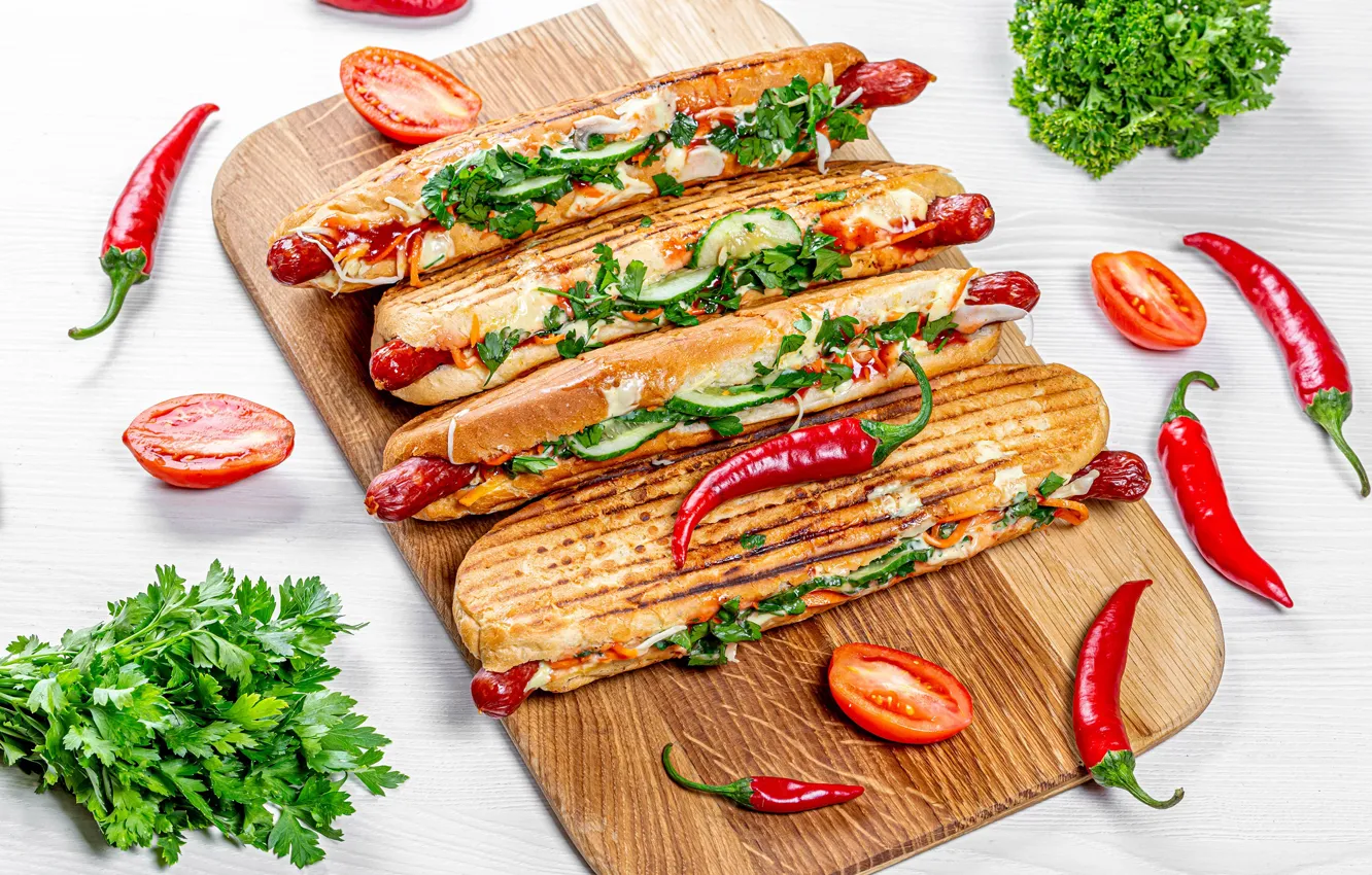 Photo wallpaper greens, Board, sausage, cheese, pepper, vegetables, tomatoes, hot dog
