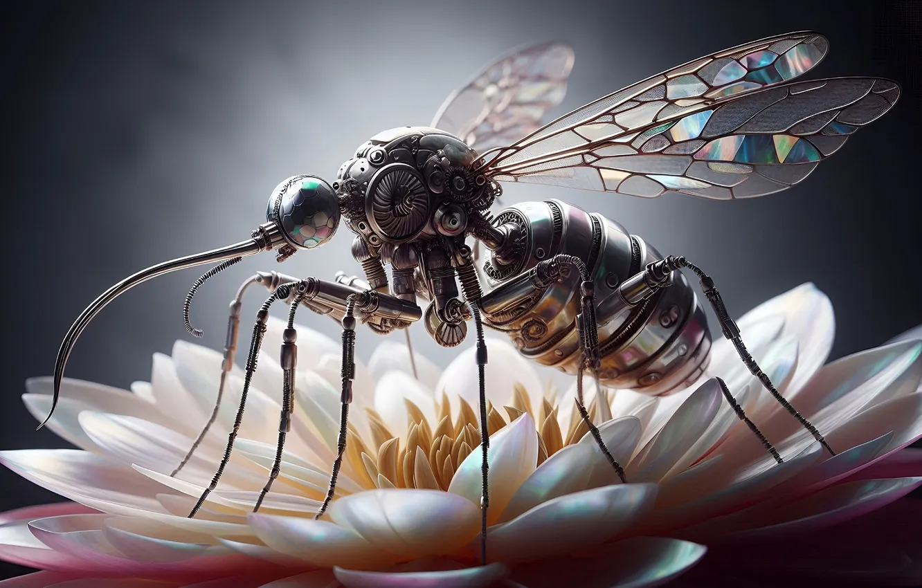 Photo wallpaper flowers, mechanism, wings, paws, insect