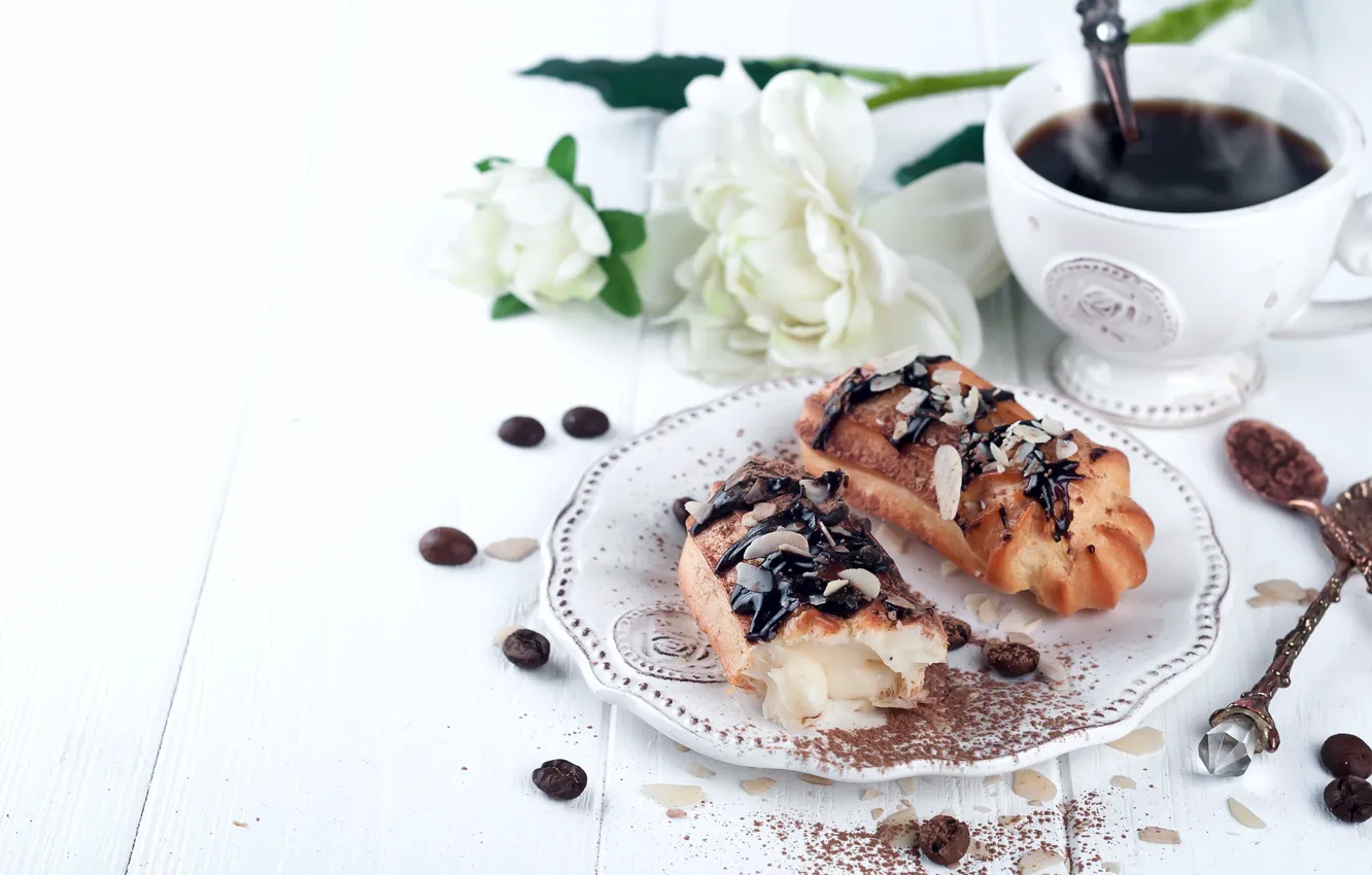 Photo wallpaper flowers, coffee, chocolate, cake, eclairs