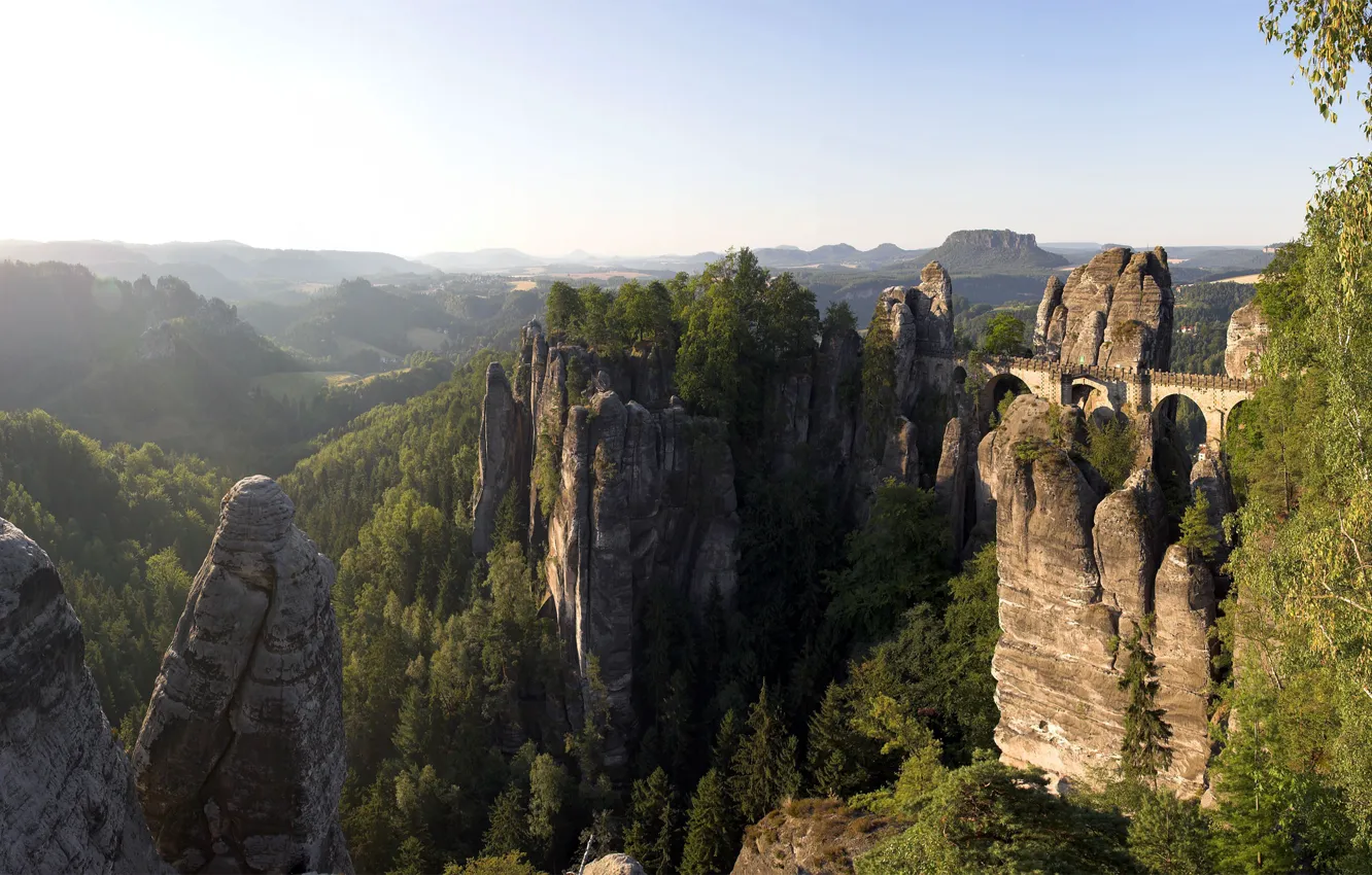 Photo wallpaper bridge, nature, rocks, horizon