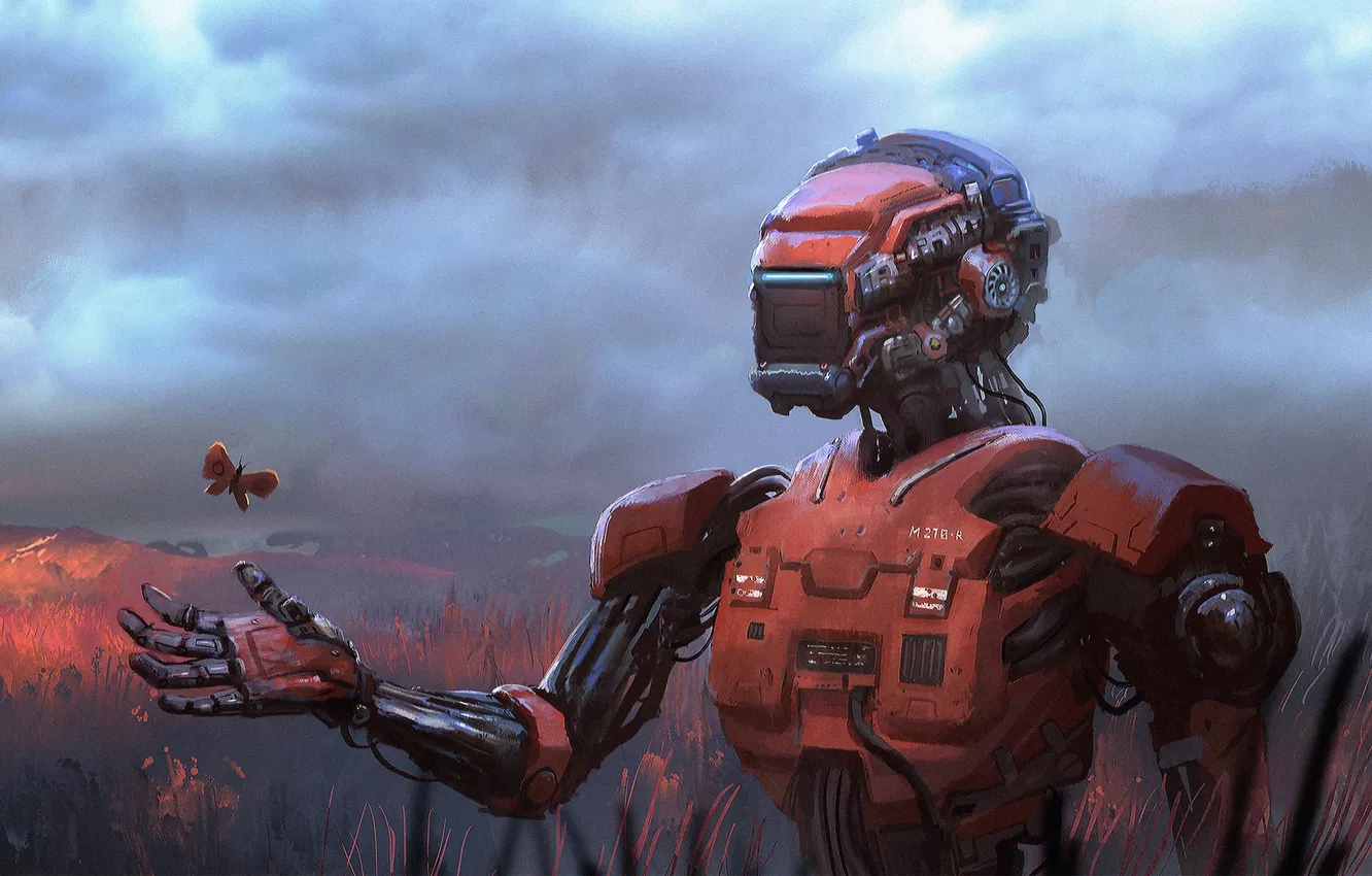 Photo wallpaper fantasy, Robot, field, science fiction, butterfly, sci-fi, digital art, artwork