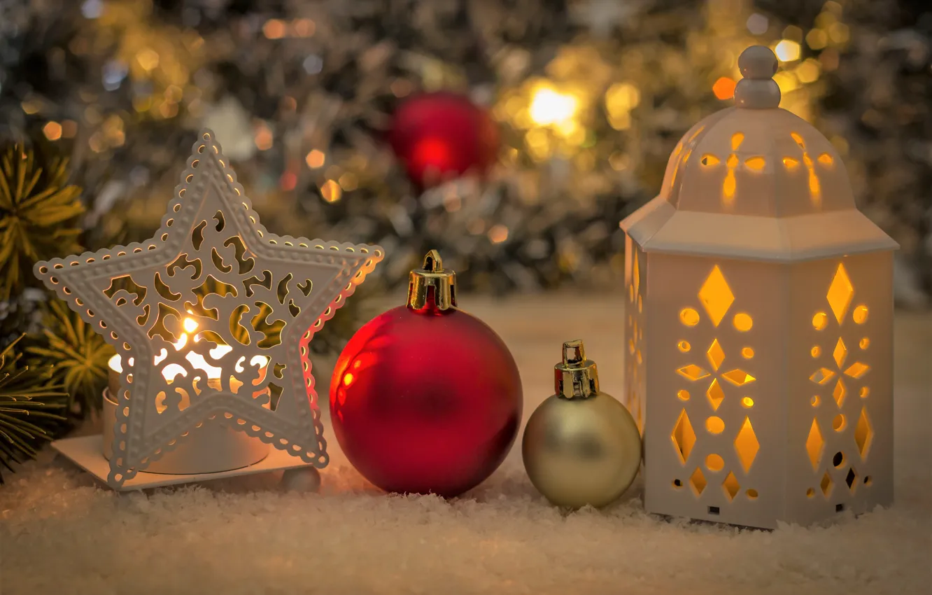 Photo wallpaper snow, background, holiday, balls, new year, spruce, candles, Christmas