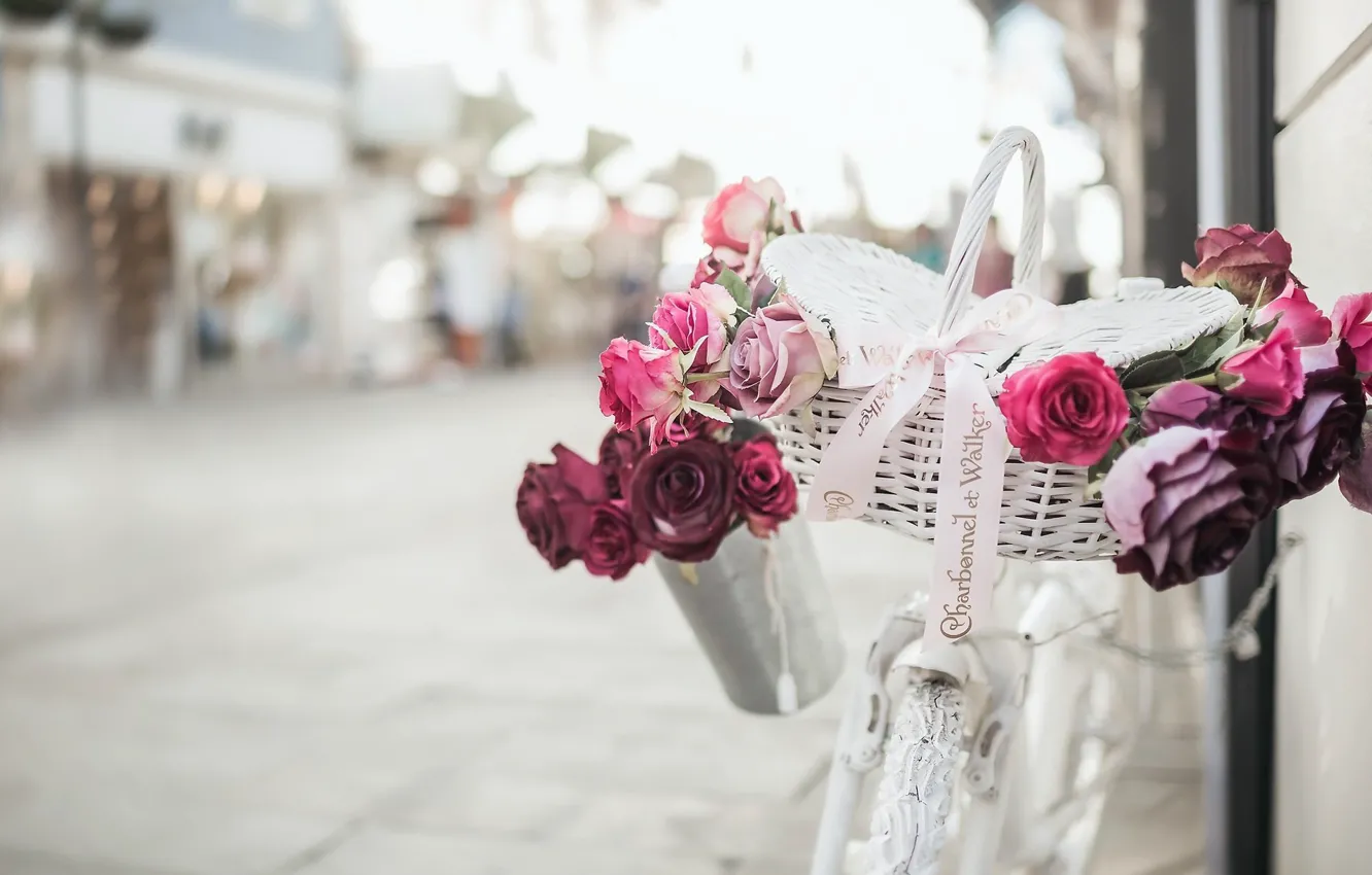 Photo wallpaper flowers, bike, street, basket, romance, roses