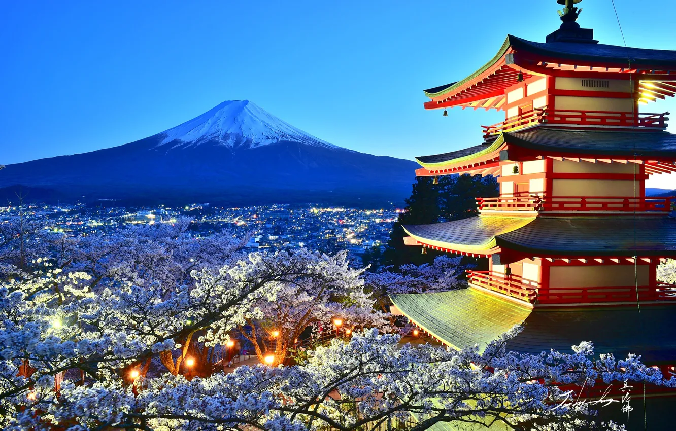 Photo wallpaper trees, mountains, home, the volcano, flowering