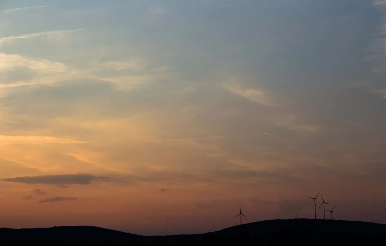 Photo wallpaper morning, hill, sunrise, dawn, wind turbines, silhouettes