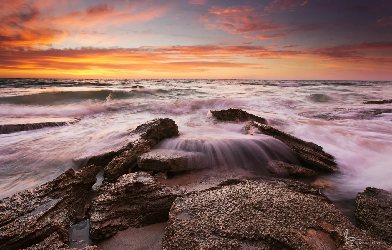 Photo wallpaper wave, the sky, clouds, sunset, stones, the evening, The Indian ocean, Western Australia