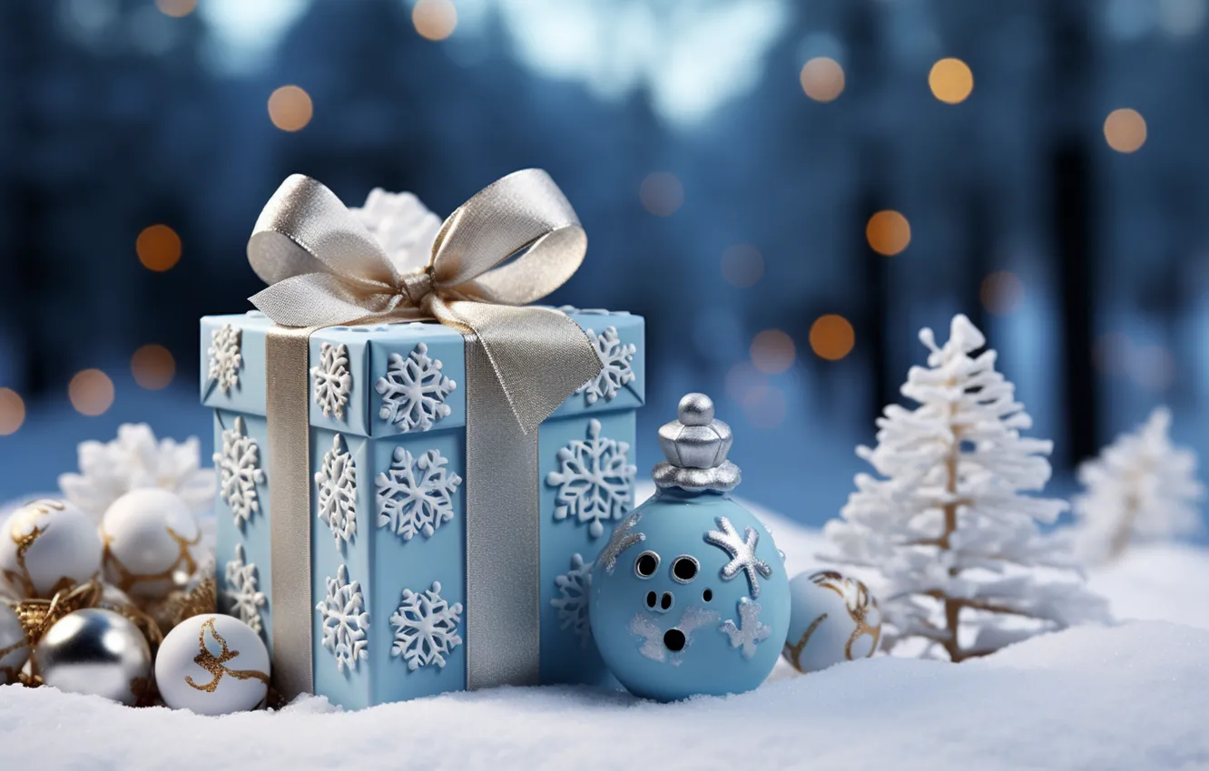 Photo wallpaper winter, snow, decoration, snowflakes, gift, balls, new year, Christmas