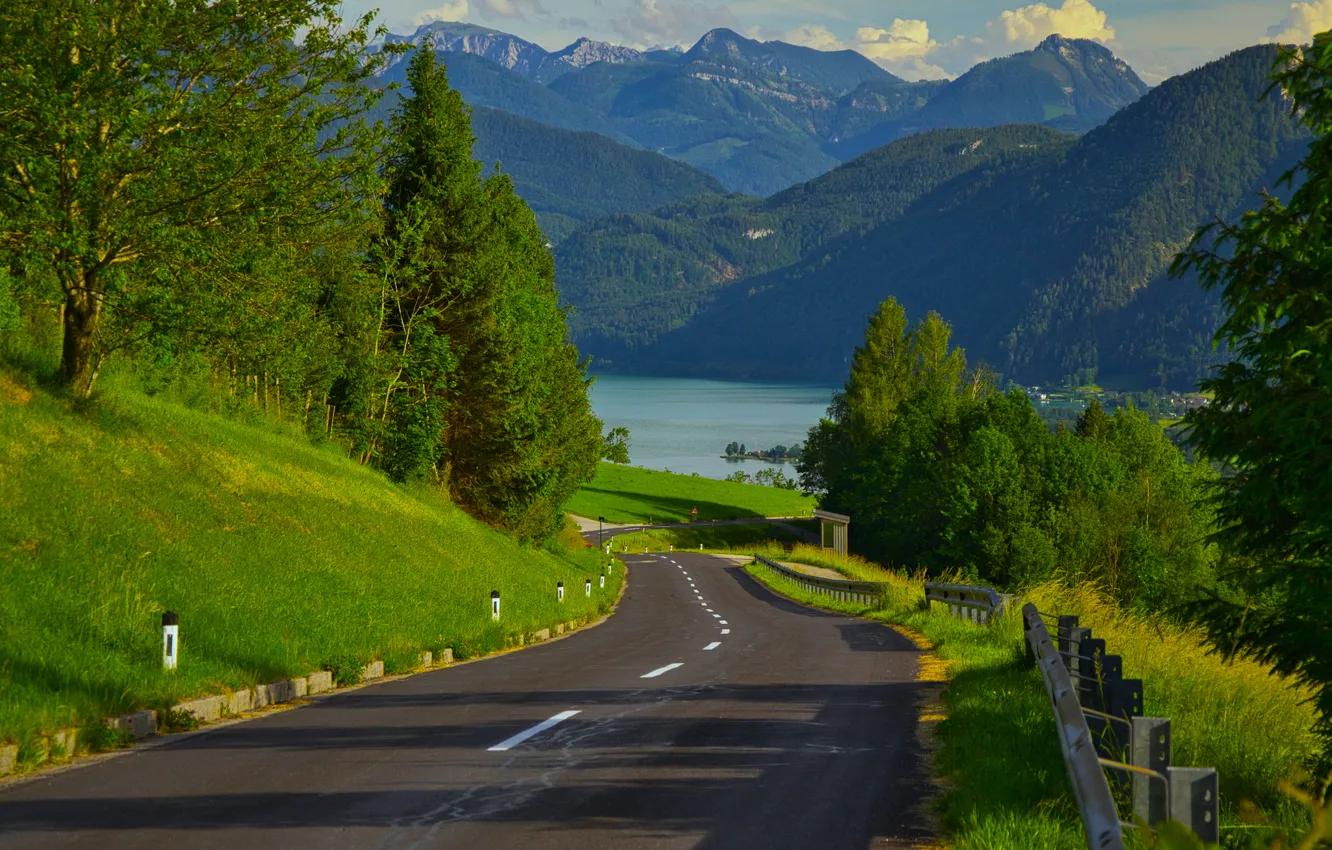 Photo wallpaper mountains, road, trees, grass, Eric Chumachenco, Austria, summer, the sun