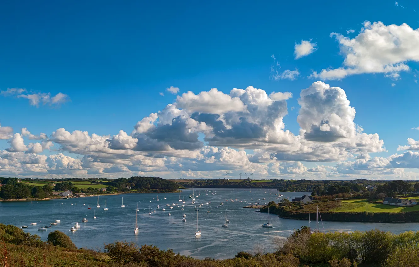 Photo wallpaper the sky, clouds, trees, lake, boat, home, Bay, mast