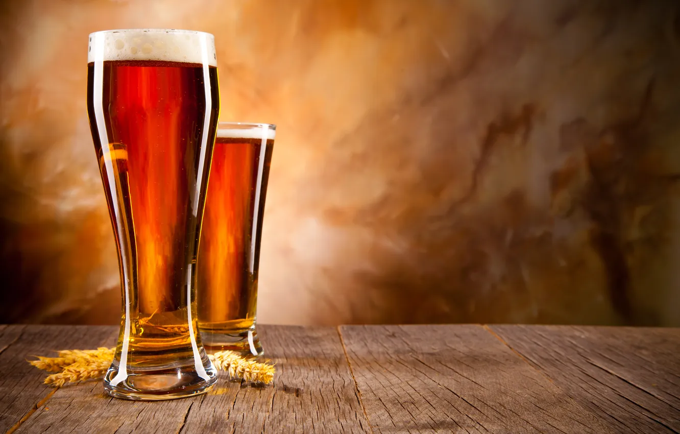 Photo wallpaper foam, table, glass, beer