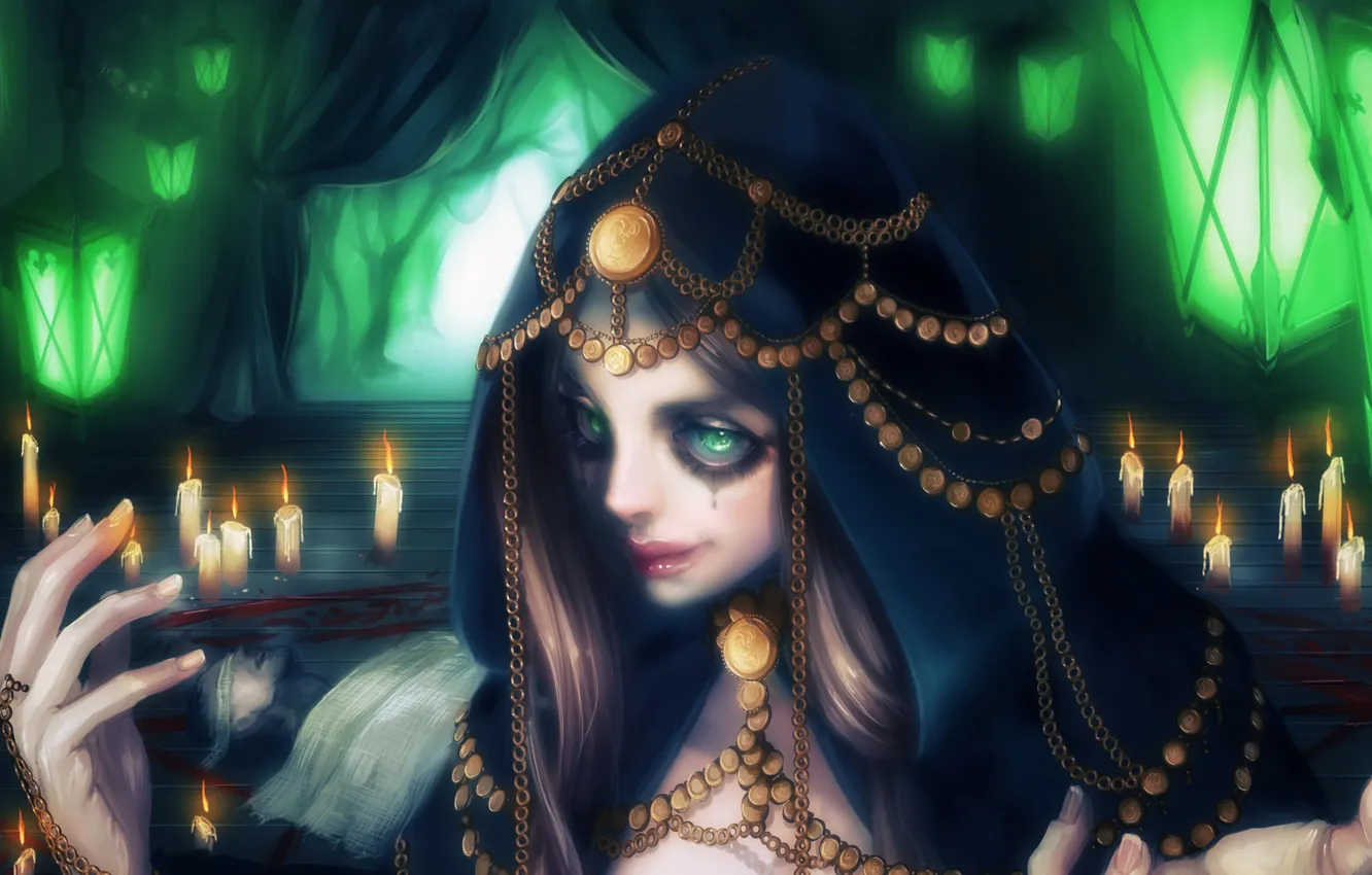 Photo wallpaper girl, blood, the victim, candles, lamp, witch