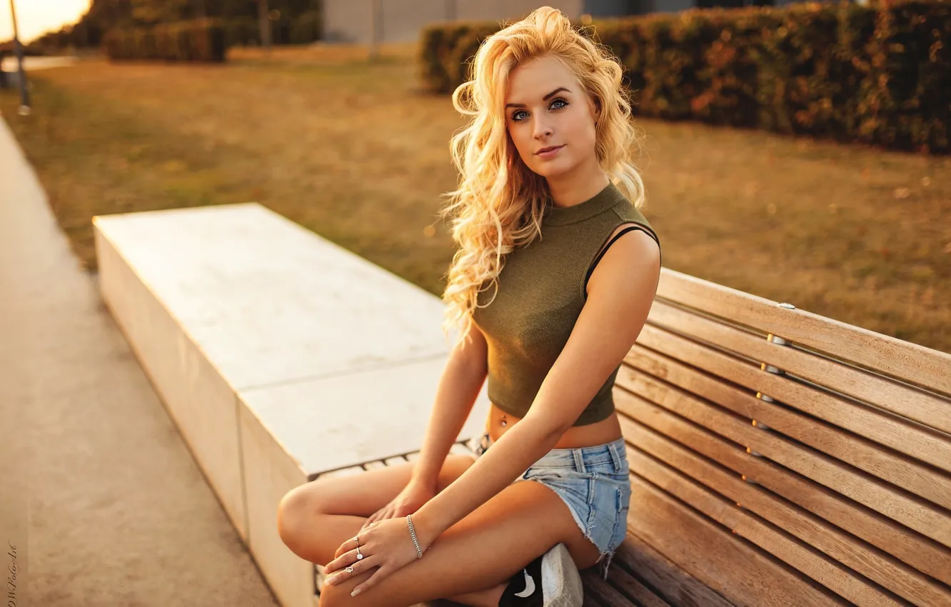Photo wallpaper girl, bench, lawn, street, shorts, sneakers, makeup, Mike