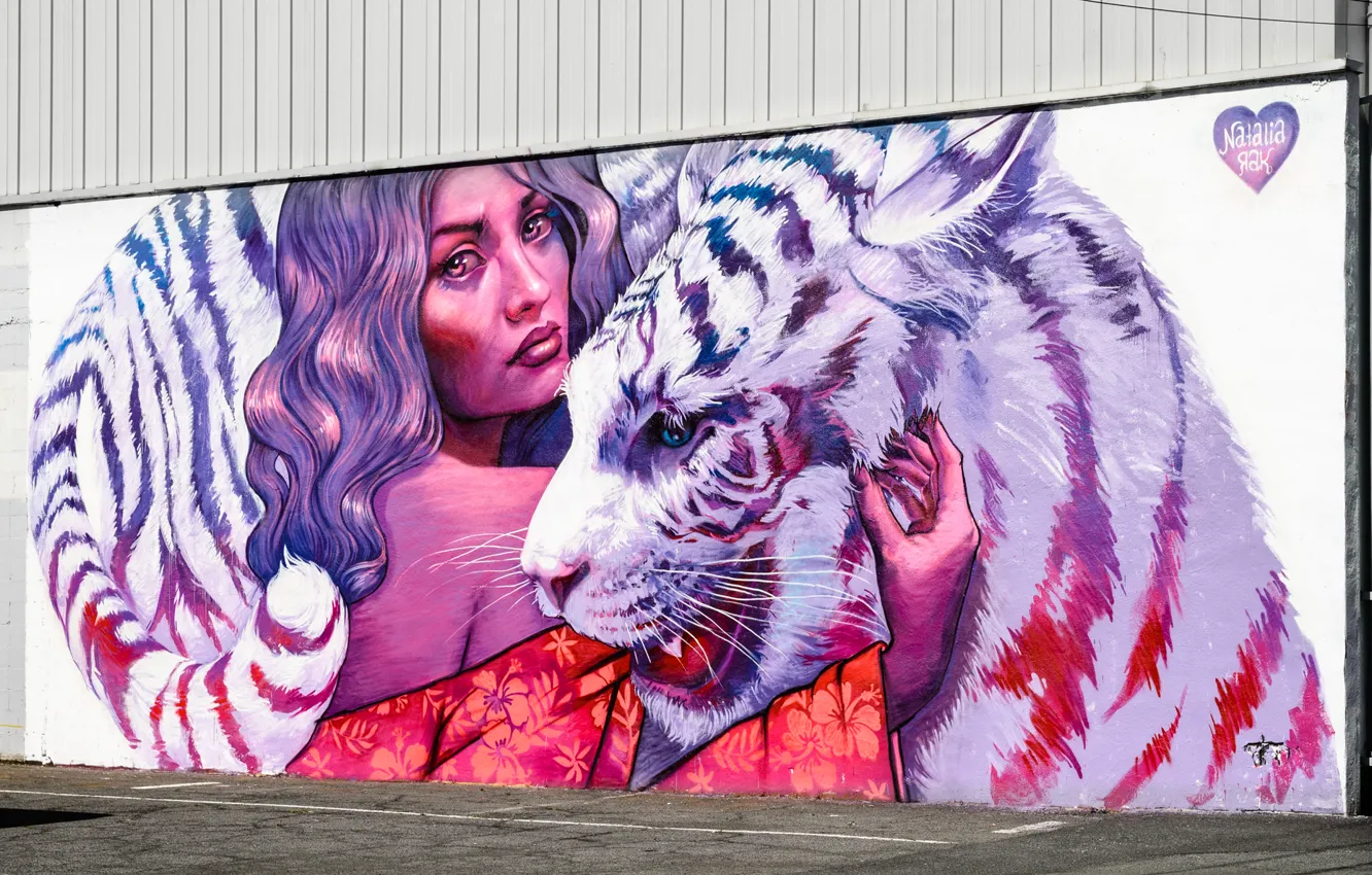 Photo wallpaper girl, face, tiger, wall, paint, graffiti