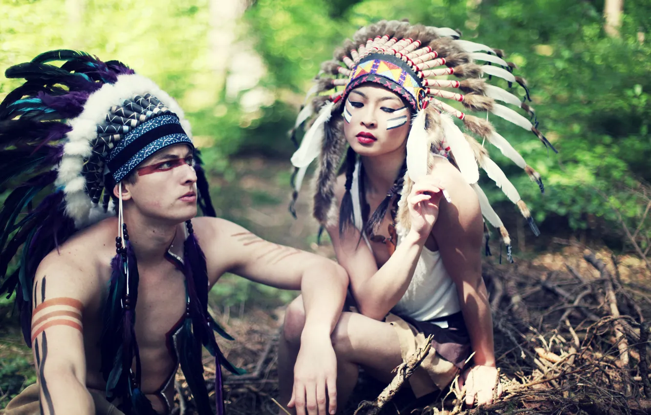 Photo wallpaper girl, nature, feathers, blur, guy, paint